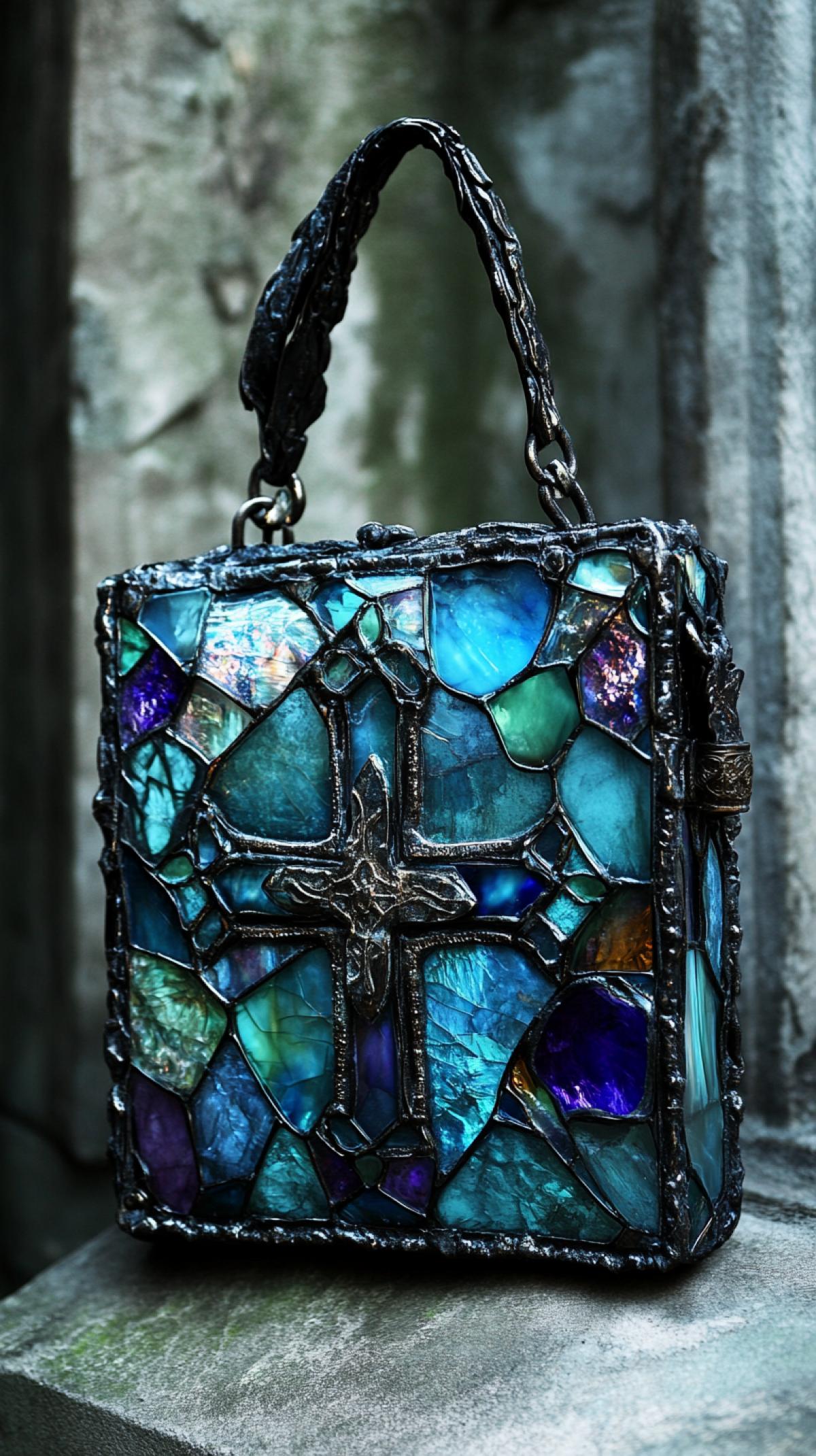 A cross bag formed from recycled glass bottles, stained glass effect, gothic architecture background, dark fantasy art