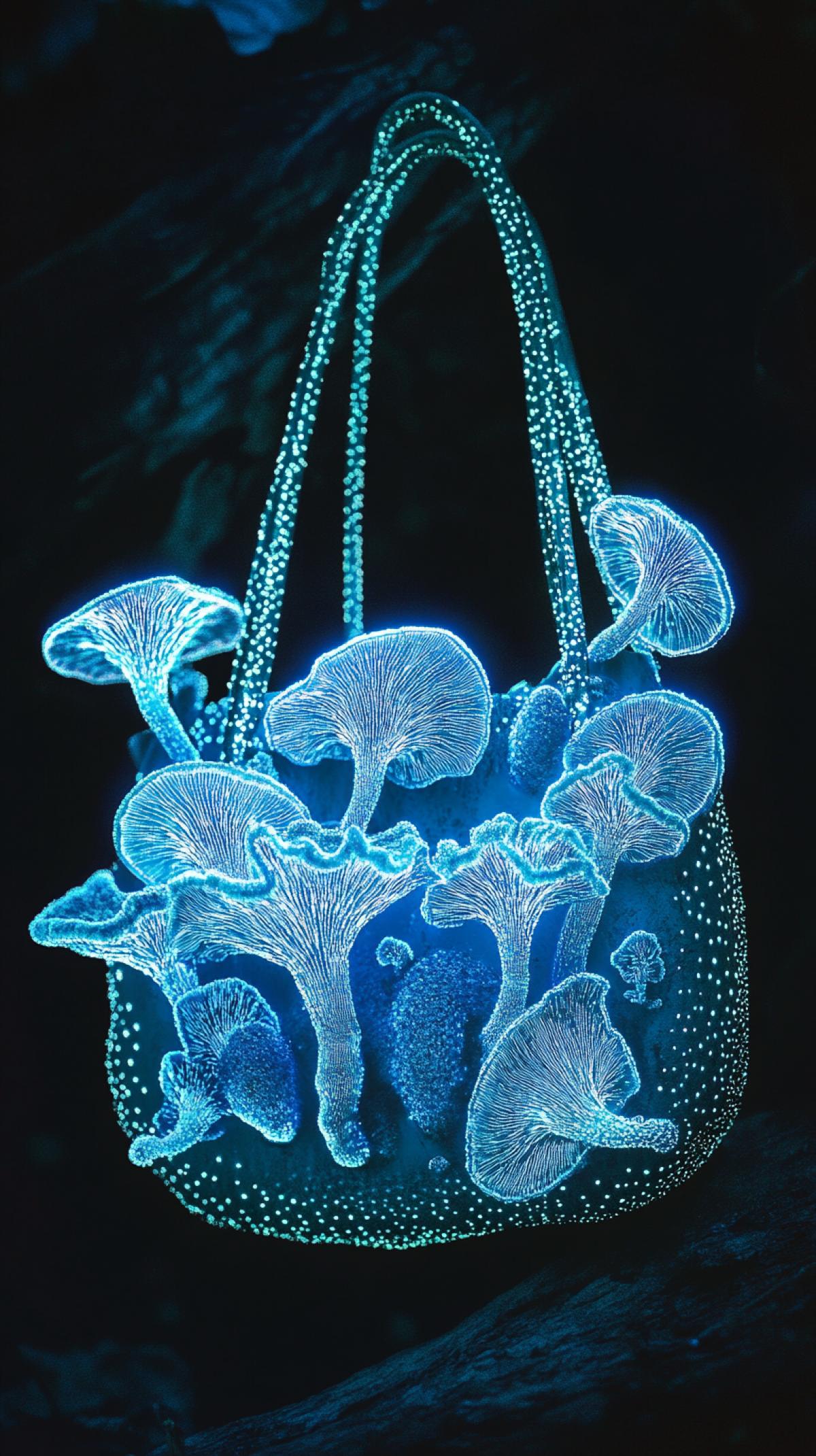 A cross bag made from bioluminescent fungi, glowing in the dark, surreal, fantasy art