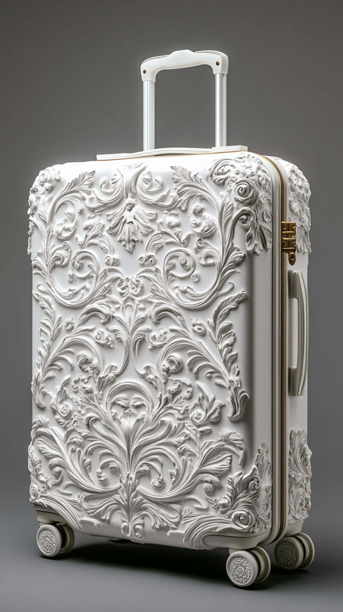 An all-white suitcase with Renaissance style carvings, high-quality and luxurious design with detailed carving patterns. The material is made of plastic, with white tones. ultra-high resolution photography and exquisite details.