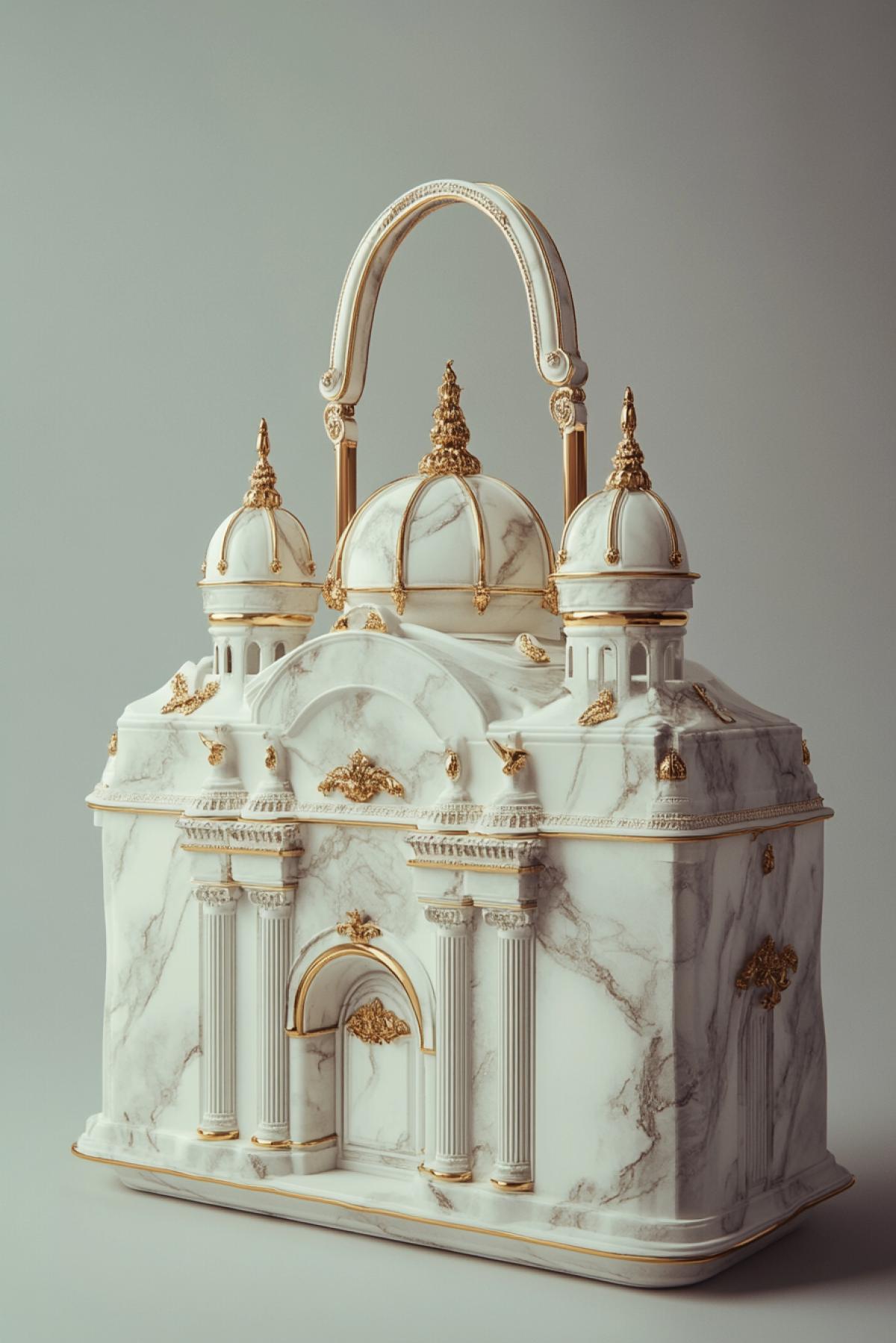 A surreal handbag inspired by classical architecture, shaped like a miniature baroque palace, with marble textures, tiny columns and domes, gold accents, elegant handle, set on a neutral background, fashion photography lighting, no people style raw