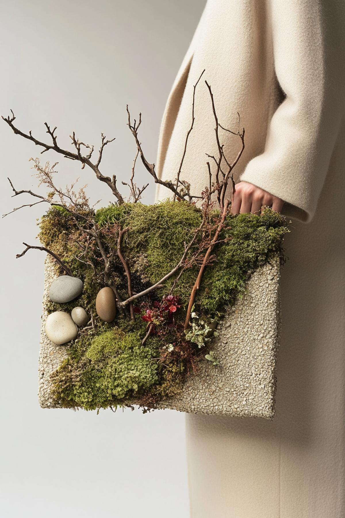 An extraordinary handbag made from natural elements: moss, smooth stones, twigs, and tiny flowers, shaped like a structured clutch, hyper-detailed textures, looks alive yet functional, minimalist background, high-fashion editorial style, style raw