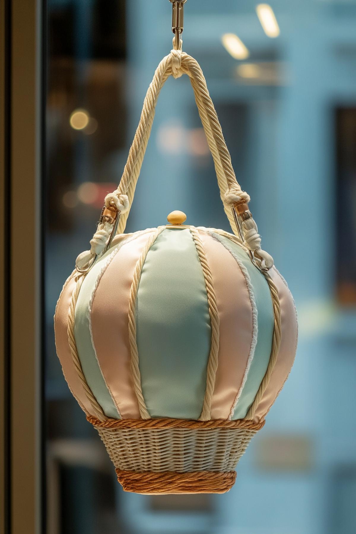 A fantastical designer handbag shaped like a vintage hot air balloon, with silk textures, ropes as handles, tiny basket details, soft pastel colors, whimsical but elegant, floating mid-air in a fashion showroom, high-resolution detail, style raw