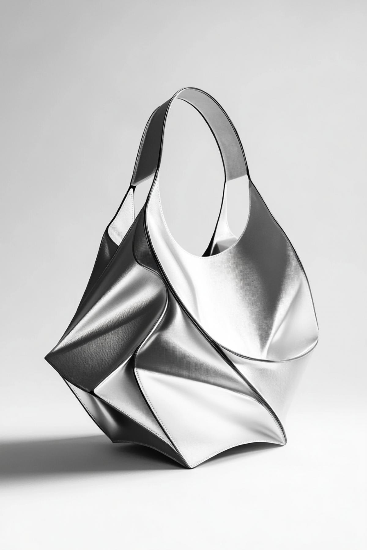 A mind- handbag designed to appear like its folding through space, Escher-style impossible shape, clean monochrome palette, optical illusion effect, sharp shadows, museum display aesthetic, ultra-clean background, style raw