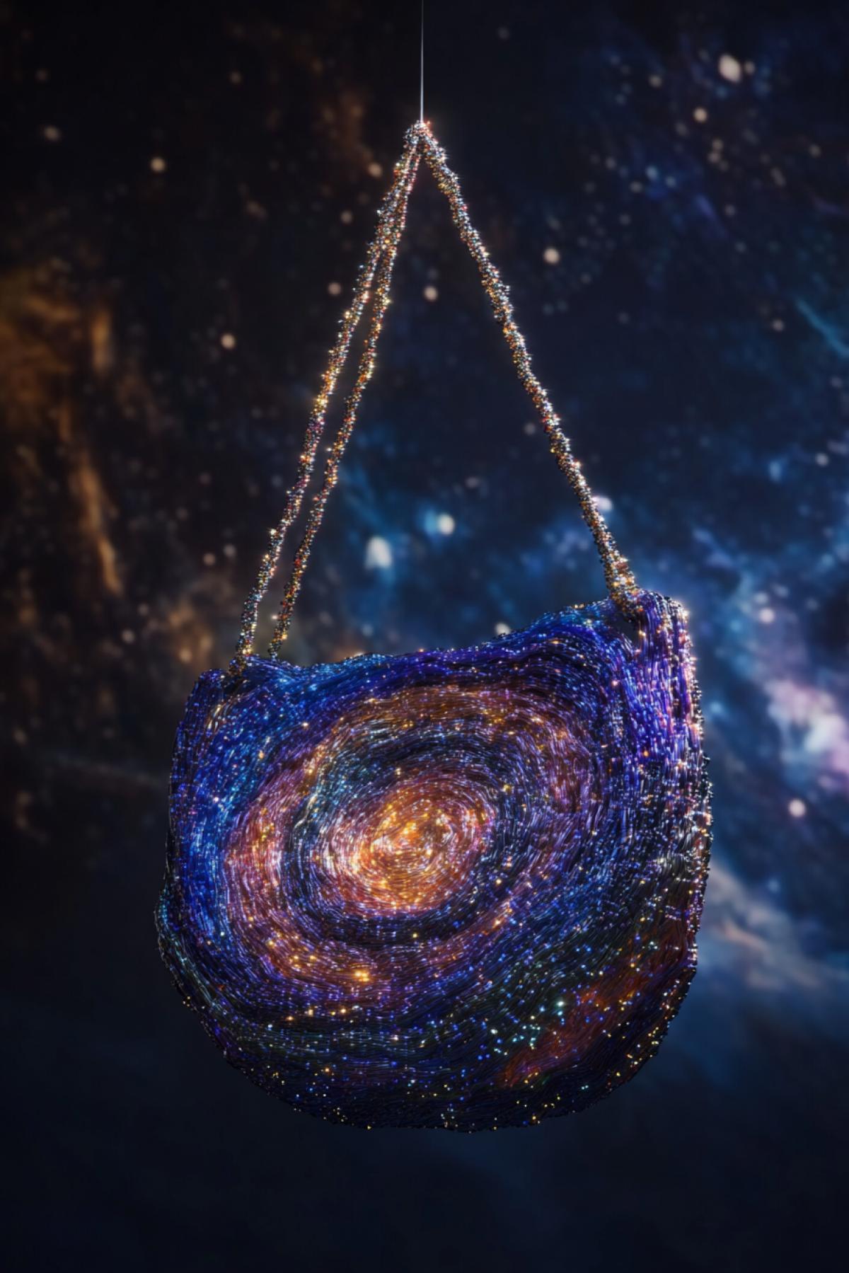 A cosmic-themed handbag designed as a miniature galaxy, swirling spiral arms made of glowing threads, star-like beads suspended in motion, deep nebula textures, dark matter-inspired shape, floating in space with soft celestial lighting, surreal high-fashion concept, style raw