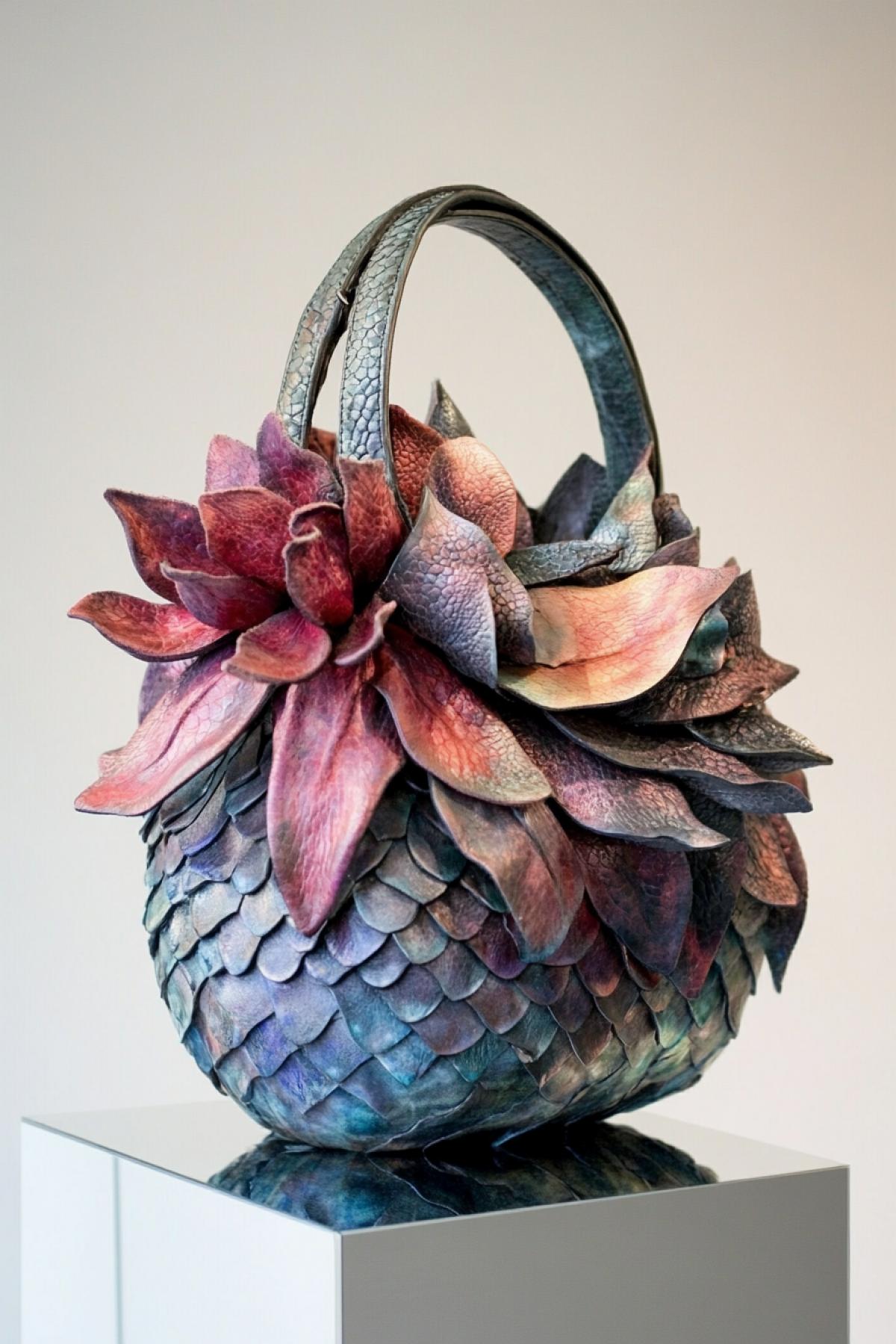 A bizarre and stunning handbag merging animal and botanical forms snake-scale leather, soft flower petals, chameleon-like color shifts, organic shape that changes depending on angle, displayed on mirrored plinth, fashion meets bio-art, style raw