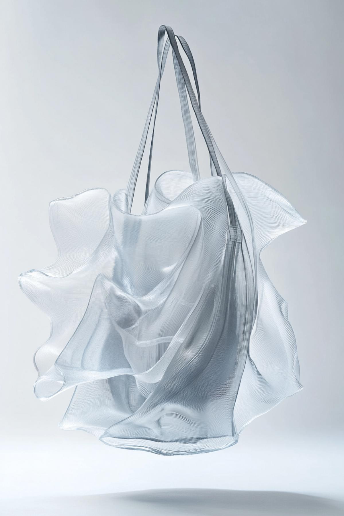 An avant-garde handbag sculpted to look like frozen wind transparent flowing curves, sheer layers of glass-like fabric, lightweight yet structured, silver minimalist hardware, suspended mid-air as if caught in motion, futuristic elegance, style raw