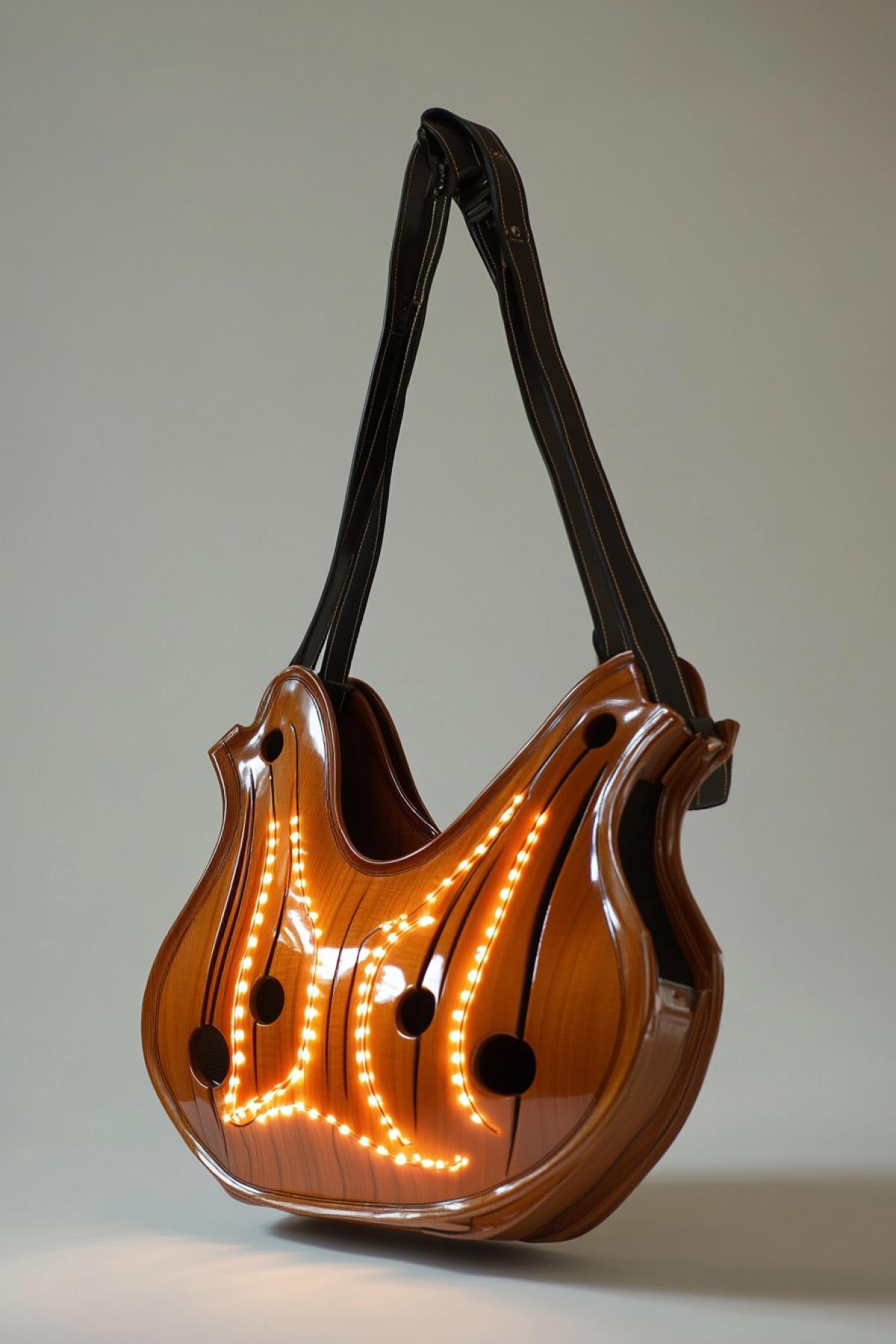 Conceptual handbag made of violin wood and piano keys, built like a musical instrument, sound holes, elegant curves, leather strap shaped like a musical clef, glowing faintly with light patterns that pulse like rhythm, avant-garde stage object, style raw