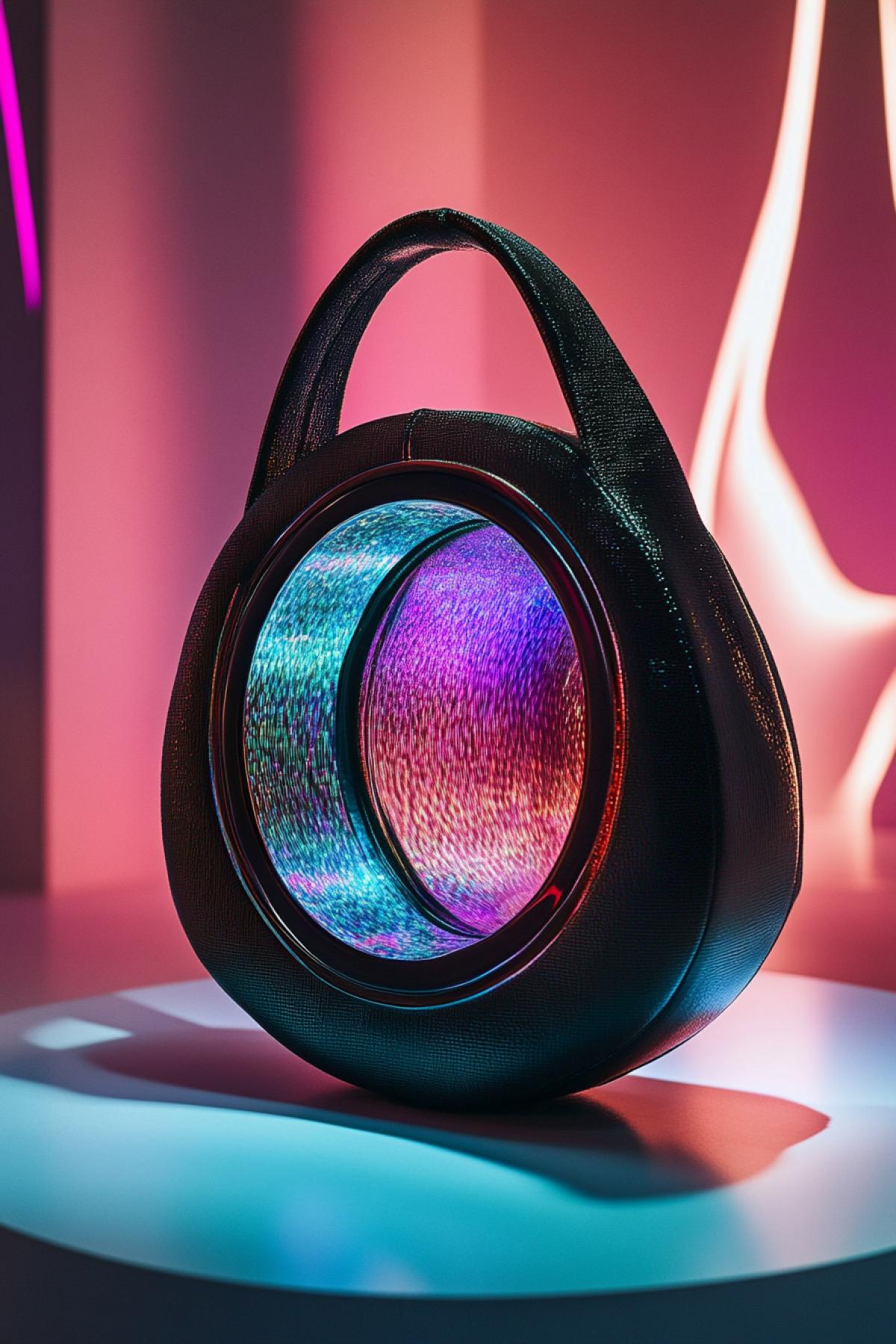 A handbag that looks like a portal to another dimension matte dark exterior, inner glow pulsing with shifting holographic colors, center opens like a glowing ring, optical illusion depth inside, displayed in futuristic museum setting, high-fashion sci-fi aesthetic, style raw