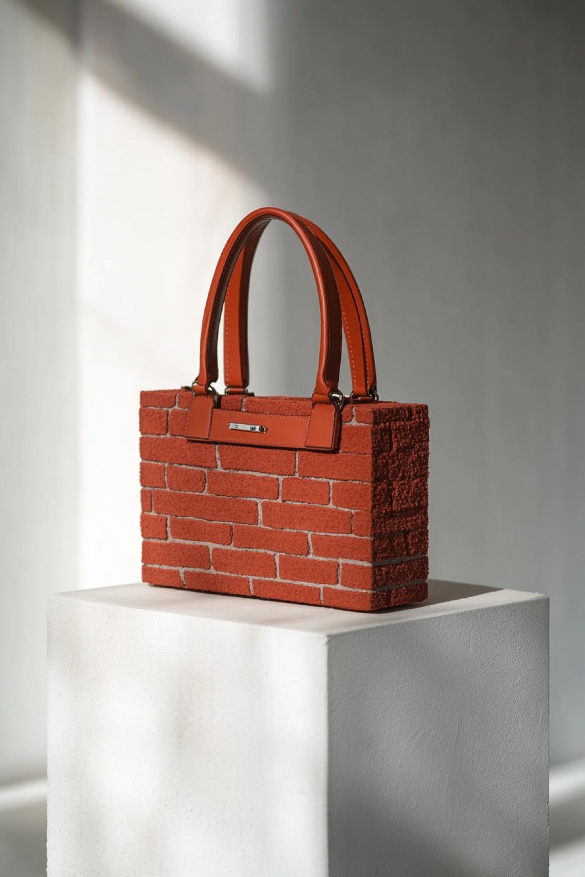A hyper-realistic handbag shaped exactly like a red brick, with leather strap and luxury hardware, placed on a minimalist pedestal in a white gallery space, contrast between rugged material and elegant form, strong shadows, high detail, fashion-art fusion