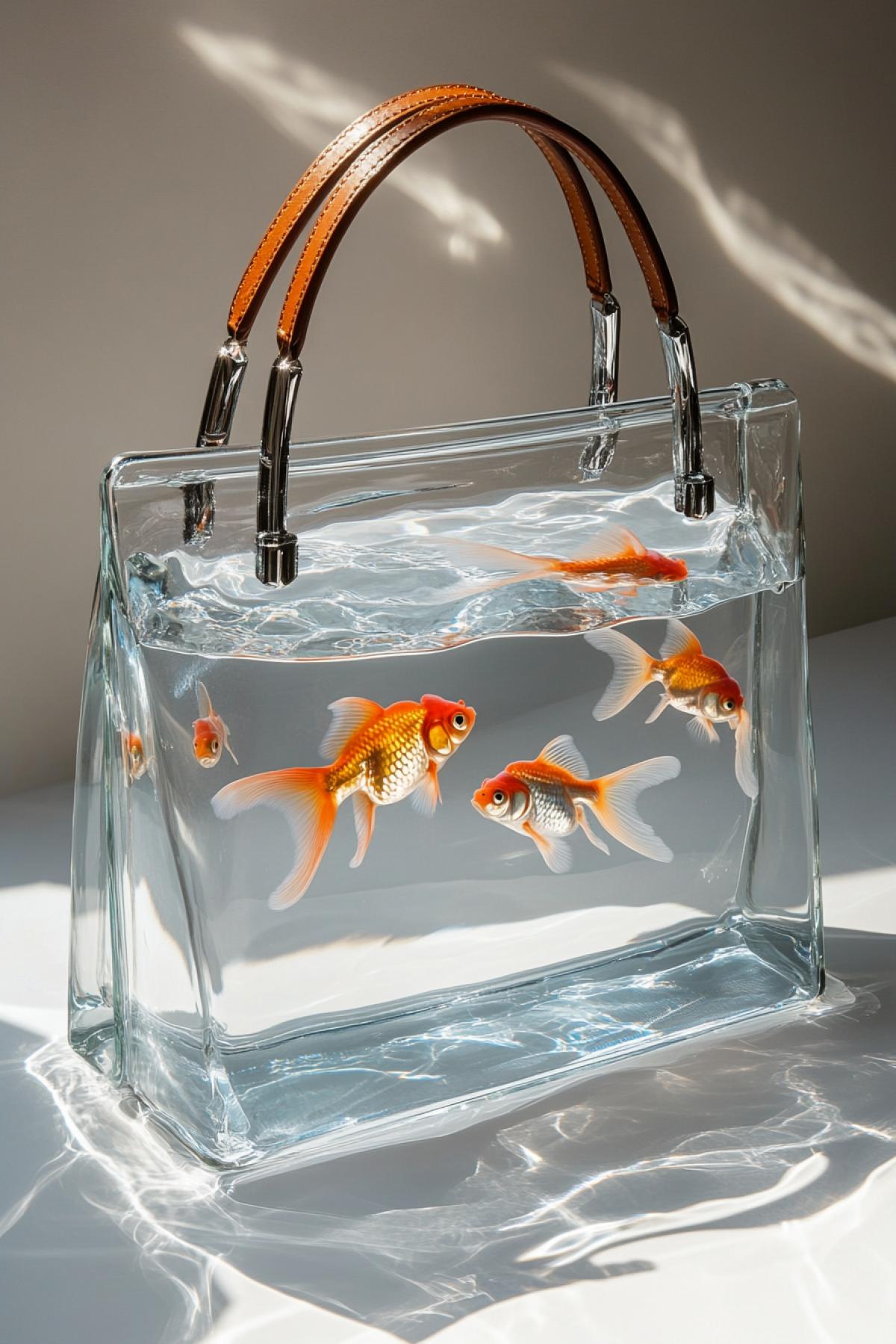 A transparent handbag filled with clear water and floating live goldfish, sealed edges with chrome finish, leather handle, reflections and ripples visible inside, placed on a clean surface with natural light, surreal but realistic, fashion meets nature
