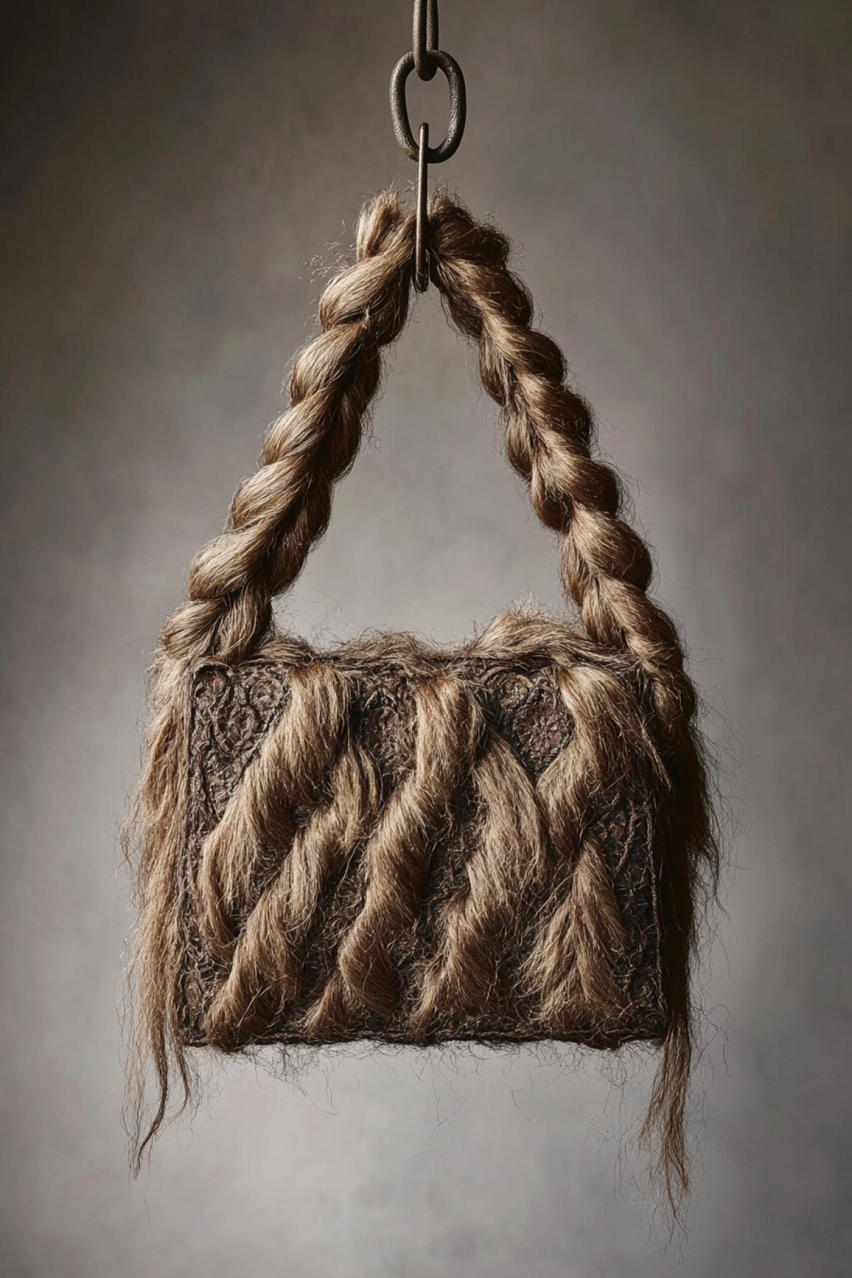 A love fashion handbag entirely made of silky human hair, braided and sculpted into a soft cube shape with ornate details, hanging from a metal hook in front of a gray backdrop, unsettling but beautiful, avant-garde fashion photography
