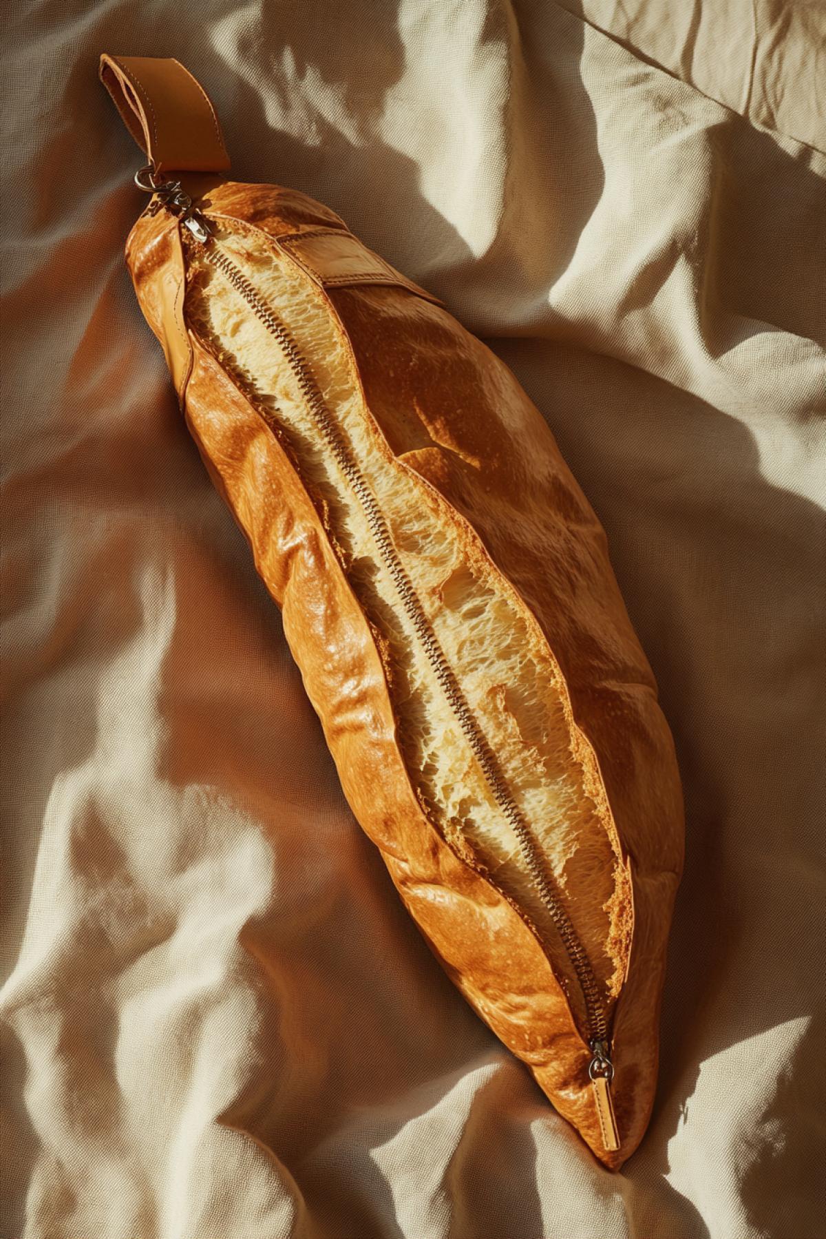 A conceptual designer handbag made from real baked bread, shaped like a baguette but with zippers and leather accents, humorous yet stylish, lying on a linen tablecloth like an art object, high-resolution fashion still life