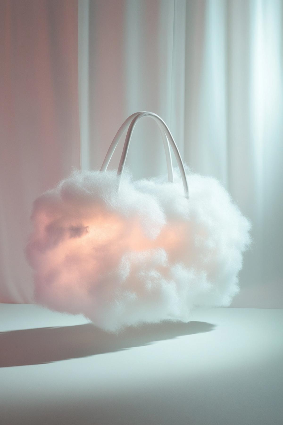A fluffy handbag shaped like a soft white cloud, made of semi-transparent airy material, floating slightly above a white surface, glowing softly with internal light, whimsical and dreamlike design, soft ambient shadows, minimalist background