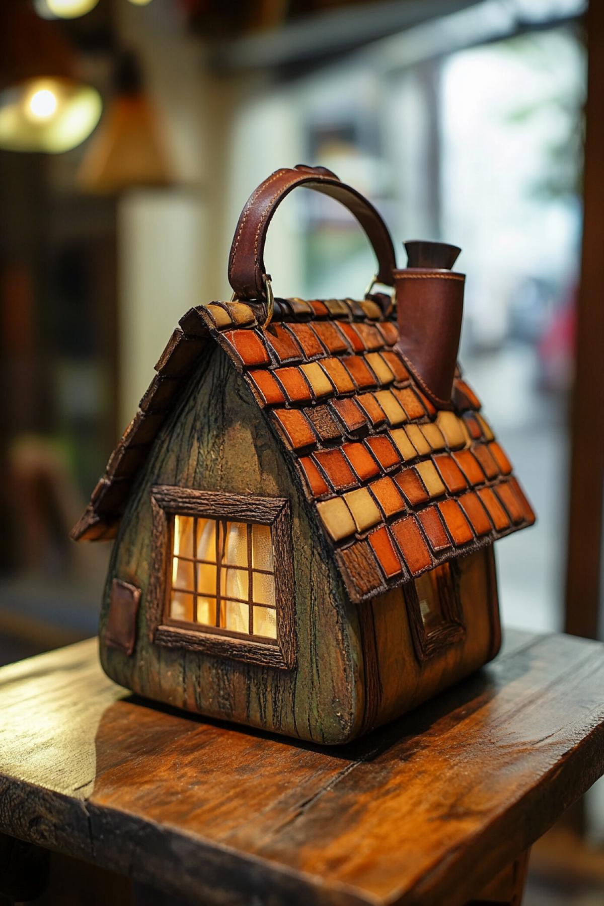 A handbag designed like a miniature wooden village house with windows and a tiled roof, detailed textures, tiny curtains visible inside, leather handle integrated into the chimney, placed on a rustic wooden table, cozy and unexpected fashion piece