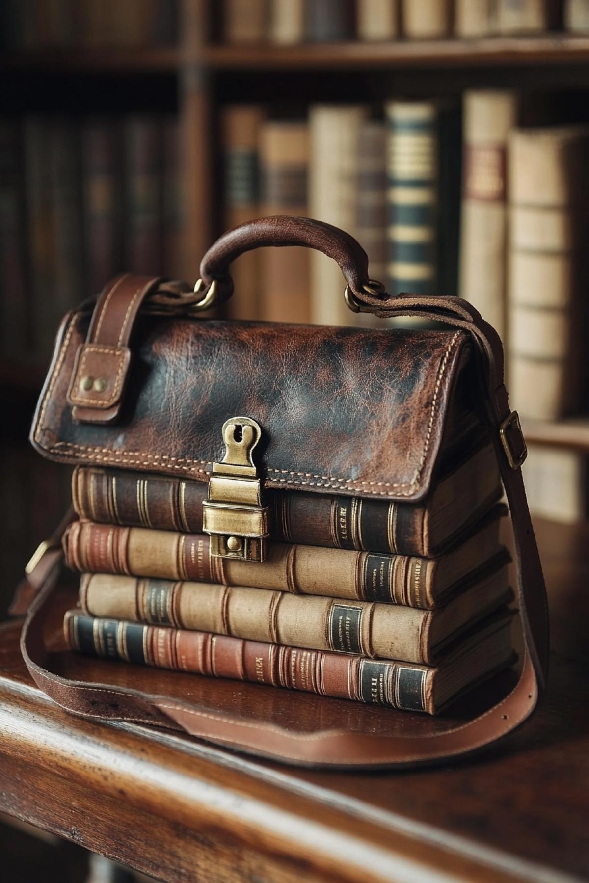 A stylish handbag made from stacked old books, with visible spines and golden titles, leather straps wrapping around like a belt, aged paper texture, elegant brass clasp, staged on a library desk with soft ambient light, literary-chic aesthetic