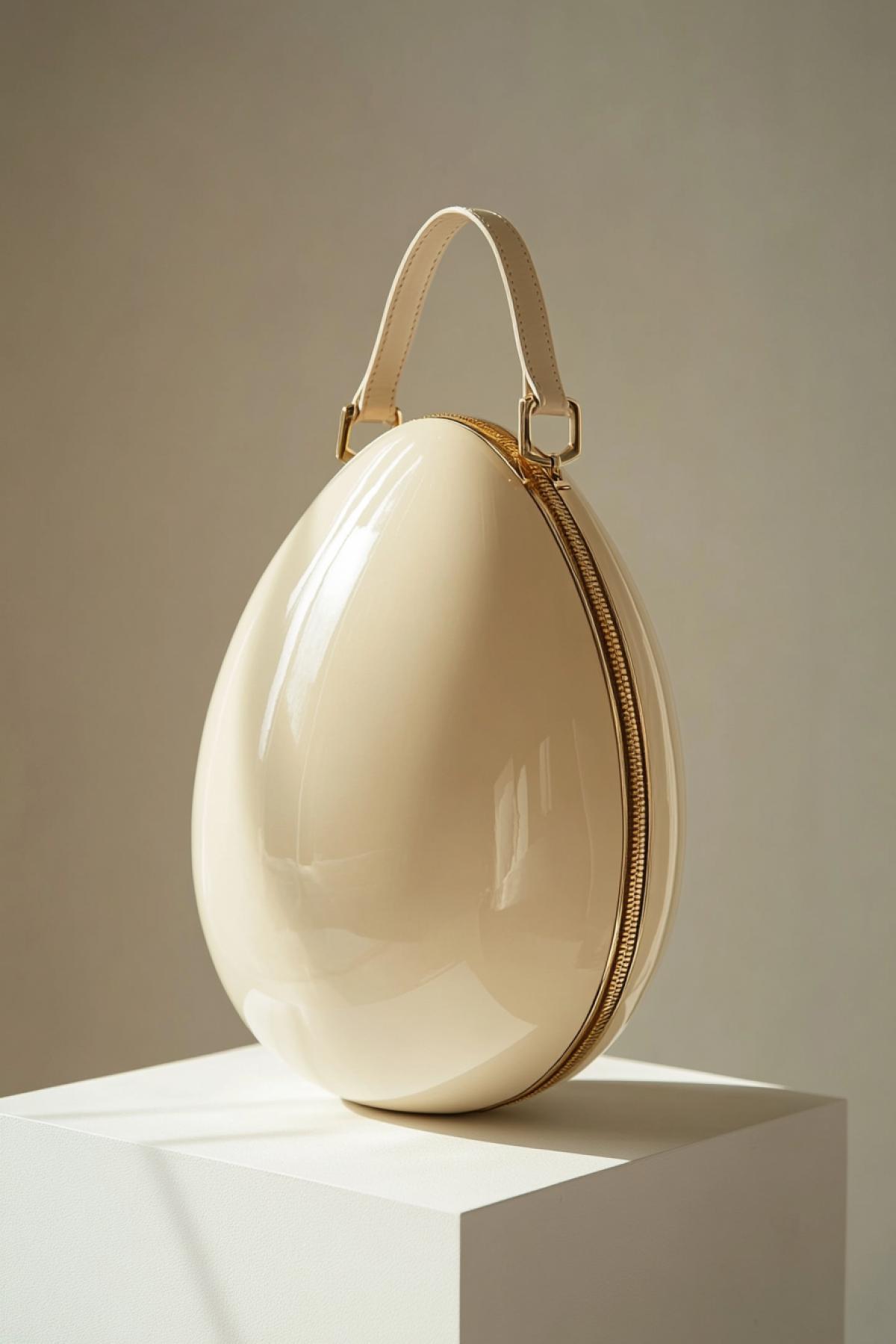 A designer handbag shaped like a large egg, with a smooth glossy surface, elegant gold zipper running across the middle, delicate leather strap attached to small golden hinges, standing upright on a minimalist white podium, soft shadows, luxury product photography style