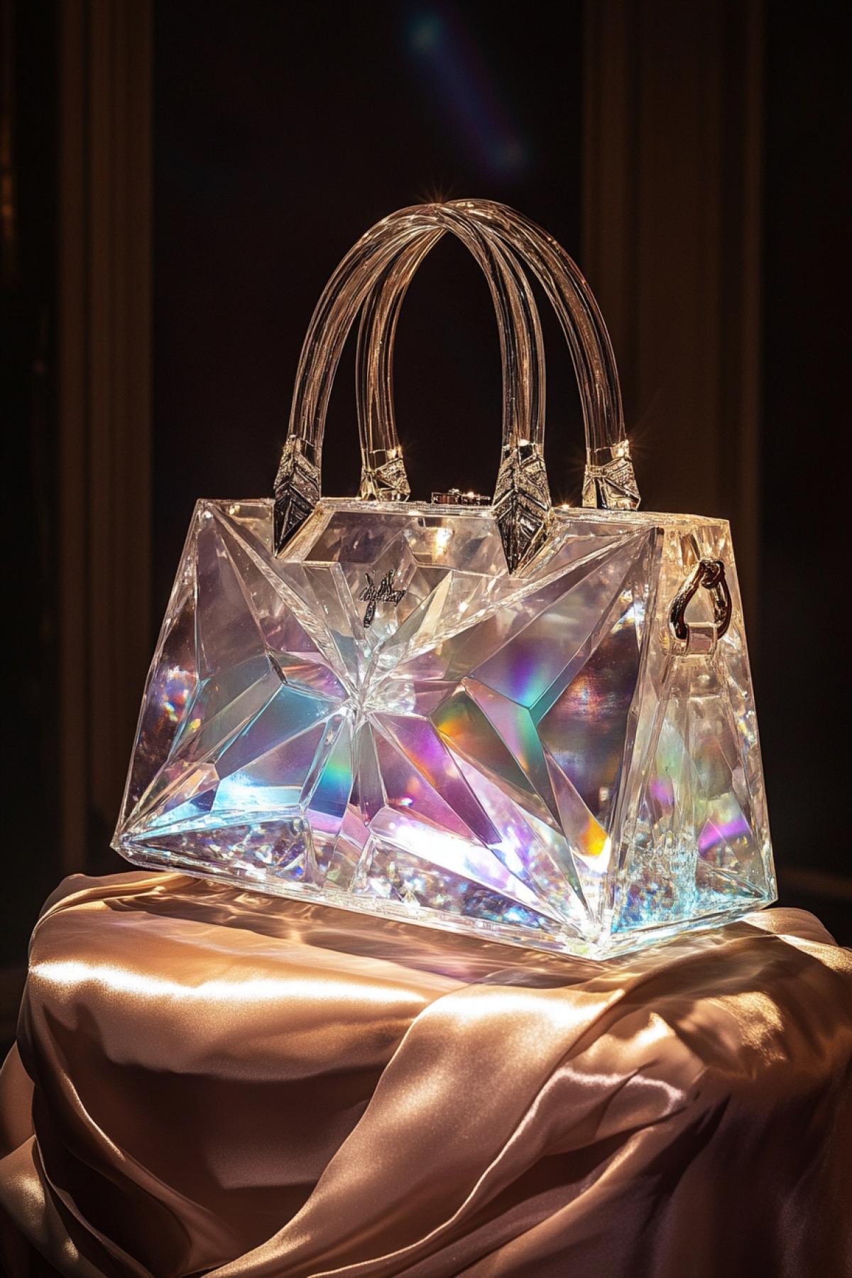 A luxurious designer handbag carved from a big crystal, facets gleaming in soft ambient light, subtle rainbow reflections on surrounding surfaces, elegant metallic frame with delicate handle, displayed on a silk-draped pedestal in a darkened gallery, ethereal and opulent beauty