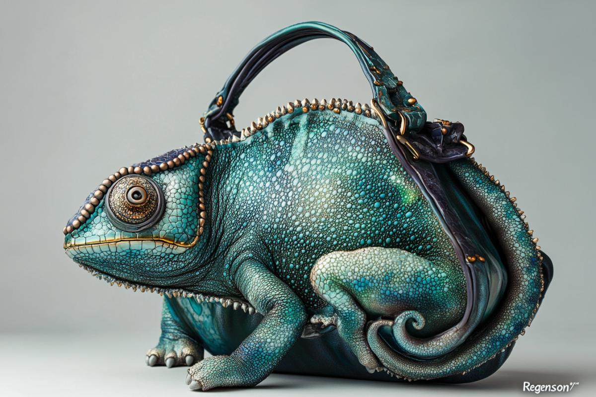 3D bag in the form of chameleon The most beautiful expensive Faberge exotic inscription \"Regenson\"