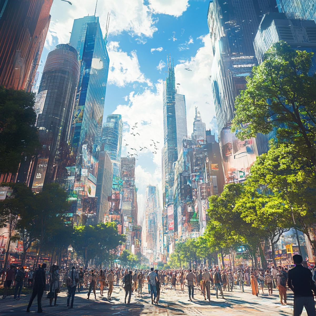 The pulsating rhythm of urban life, vanity, a large cluster of people, megalopolis, skyscrapers, sunny day, ultrareal graphics