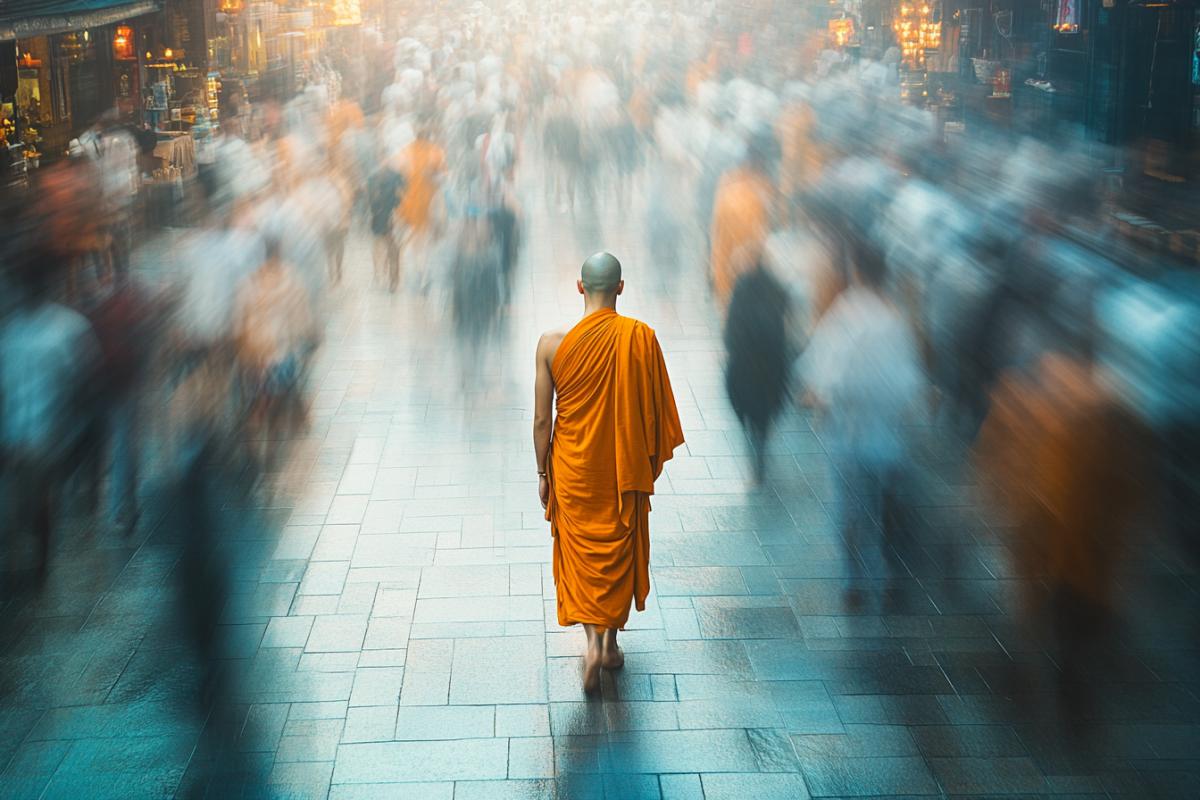 Buddhist calm monk among the city human le of a metropolis in a crowd of people rushing about affairs