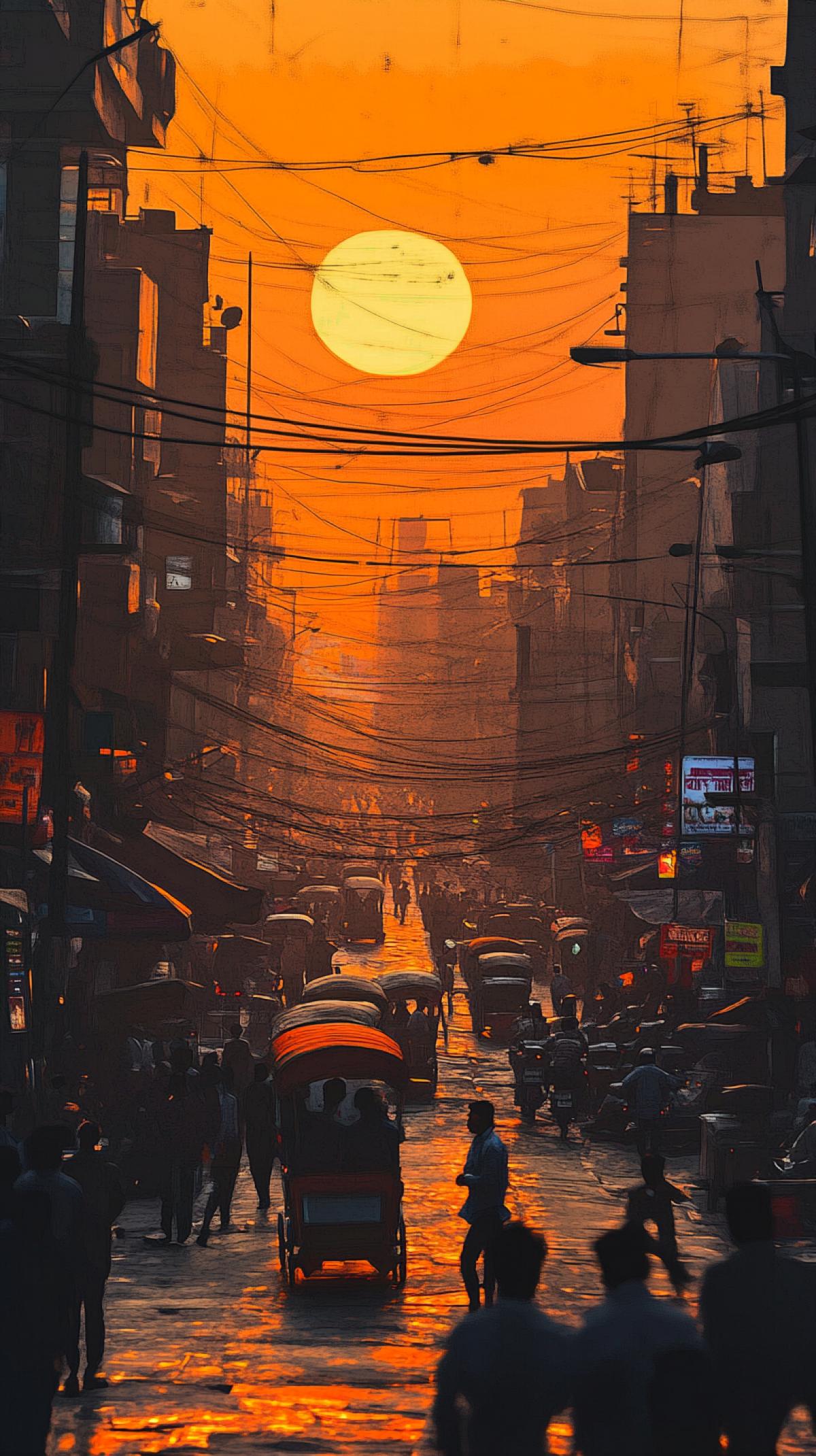 the hustle and le of the city, the street of the Indian city of Delhi, the crossings and rickshaws, the golden hour