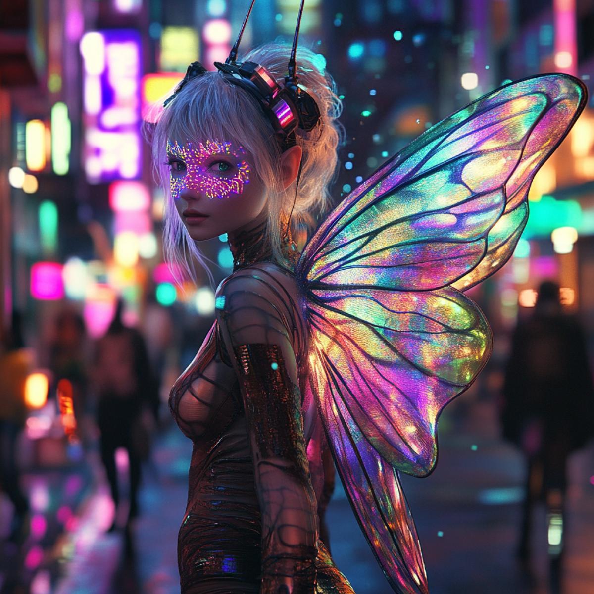 city ​​of the future, a beautiful fairy with rainbow transparent wings, a luminous pattern applied to her face, walking down the street, cyberpunk, neon