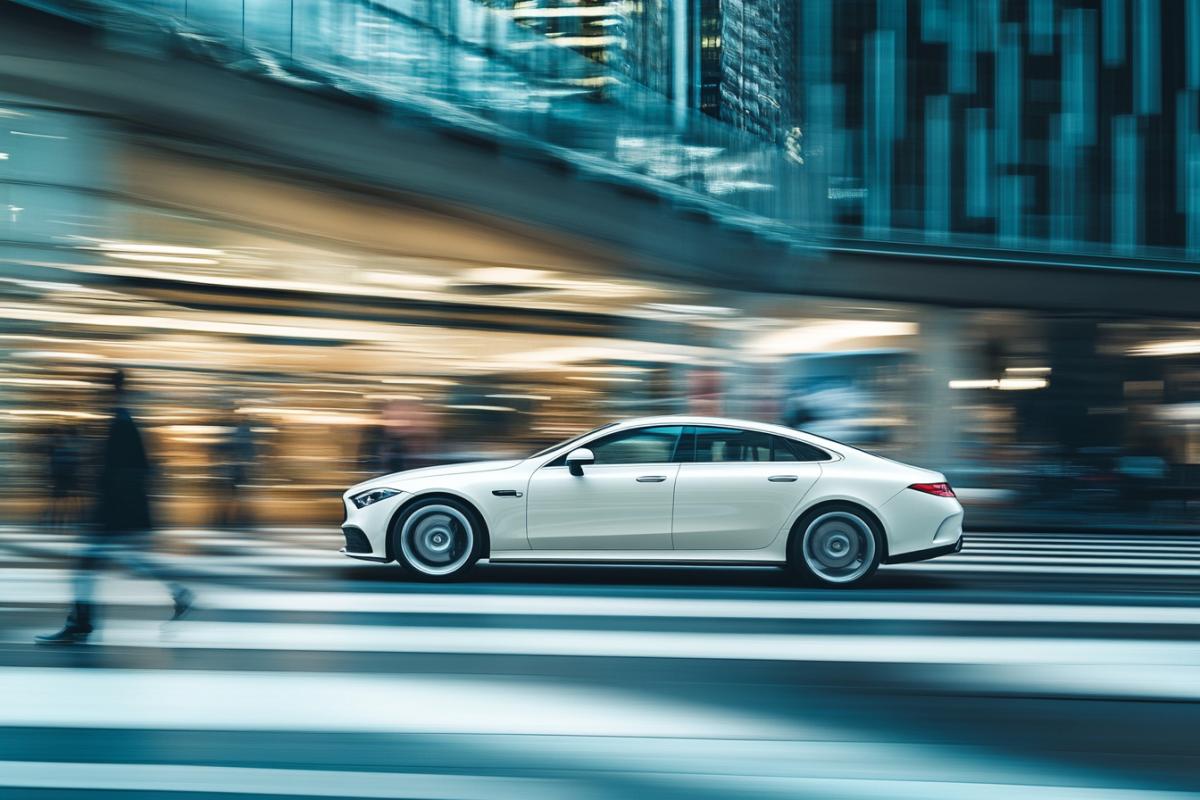 Highspeed cars in a metropolis, quickly walking people. Everything is in dynamics, speed, movement, in the style of a longstanding photo
