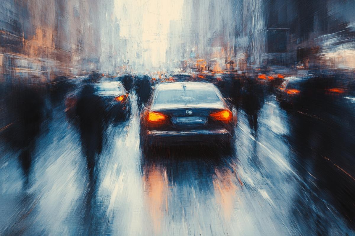 Highspeed cars in a metropolis, quickly walking people. Everything is in dynamics, speed, movement, in the style of a longstanding photo