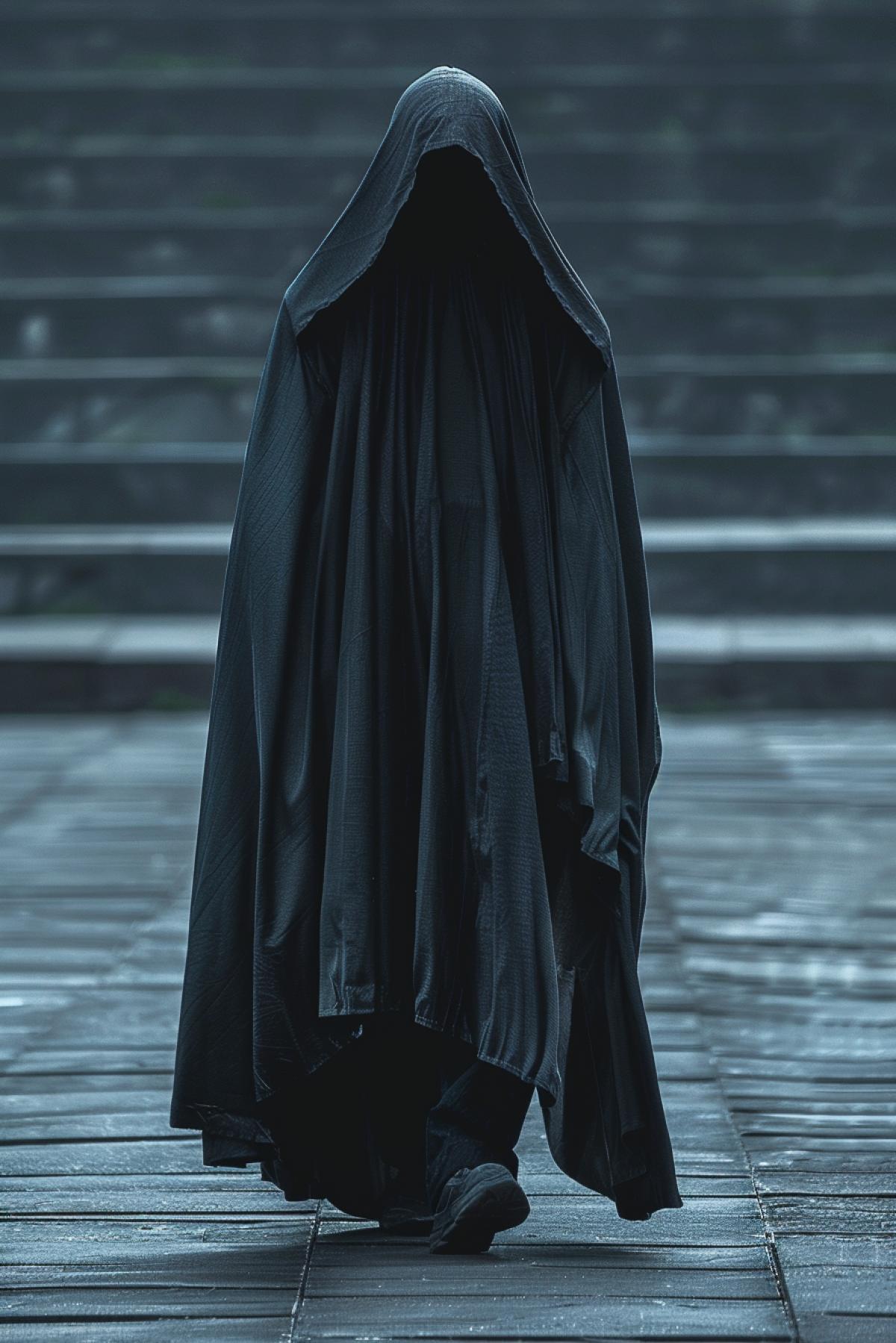 A long and thin person walks in a cloak, very hardbreaker