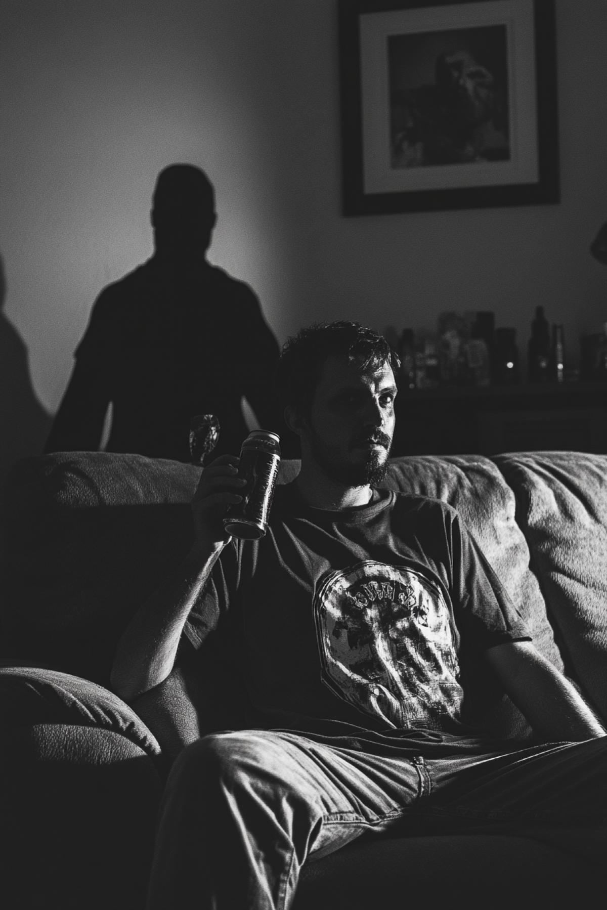 Skuf in a Tshirt sits on the couch and drinks beer, and behind him there is a dark figure