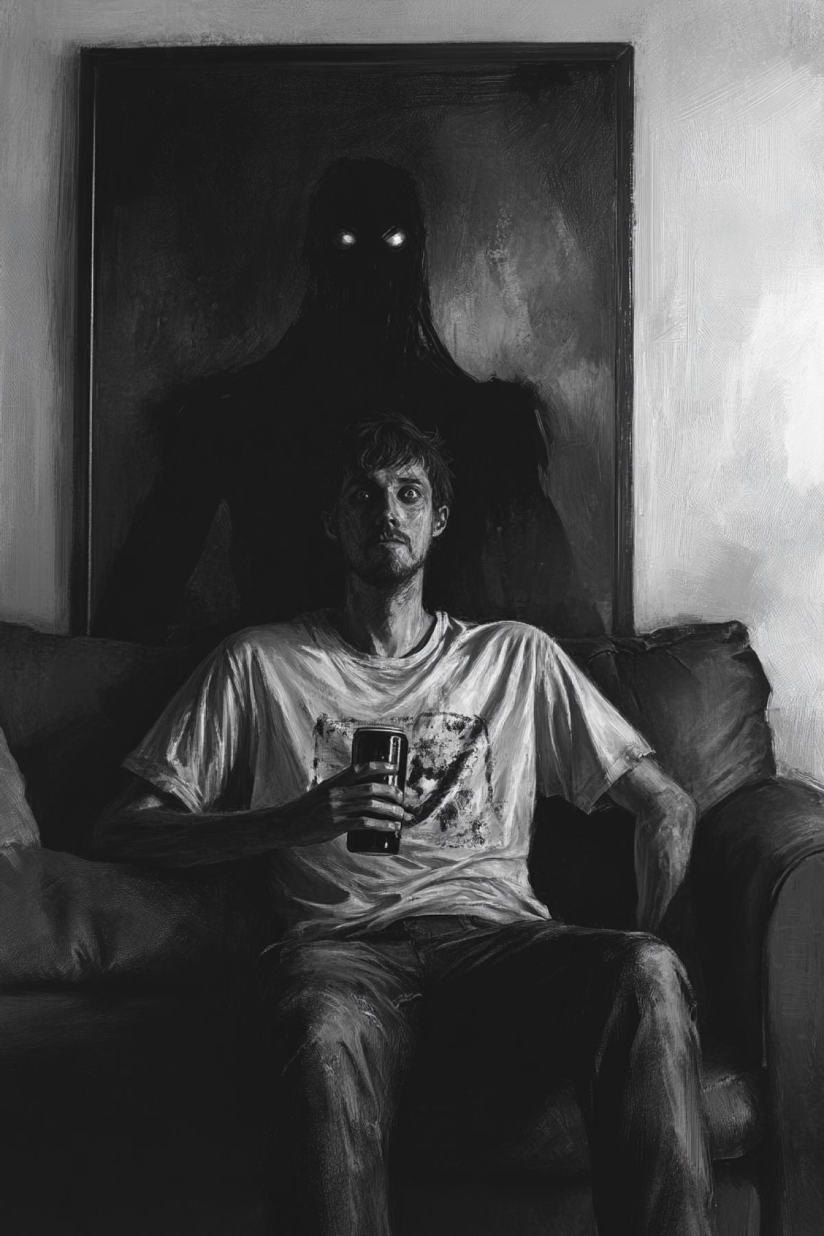Skuf in a Tshirt sits on the couch and drinks beer, and behind him there is a dark figure