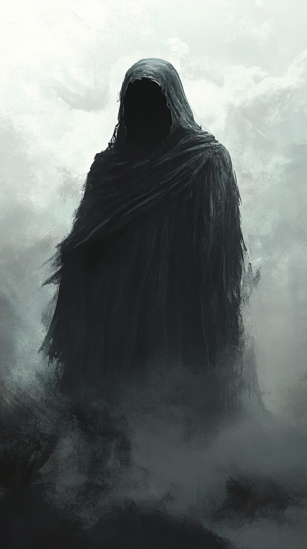 Draw a character shrouded in mystery and mystery. Your image should transmit the atmosphere of mysticism and uncertainty.