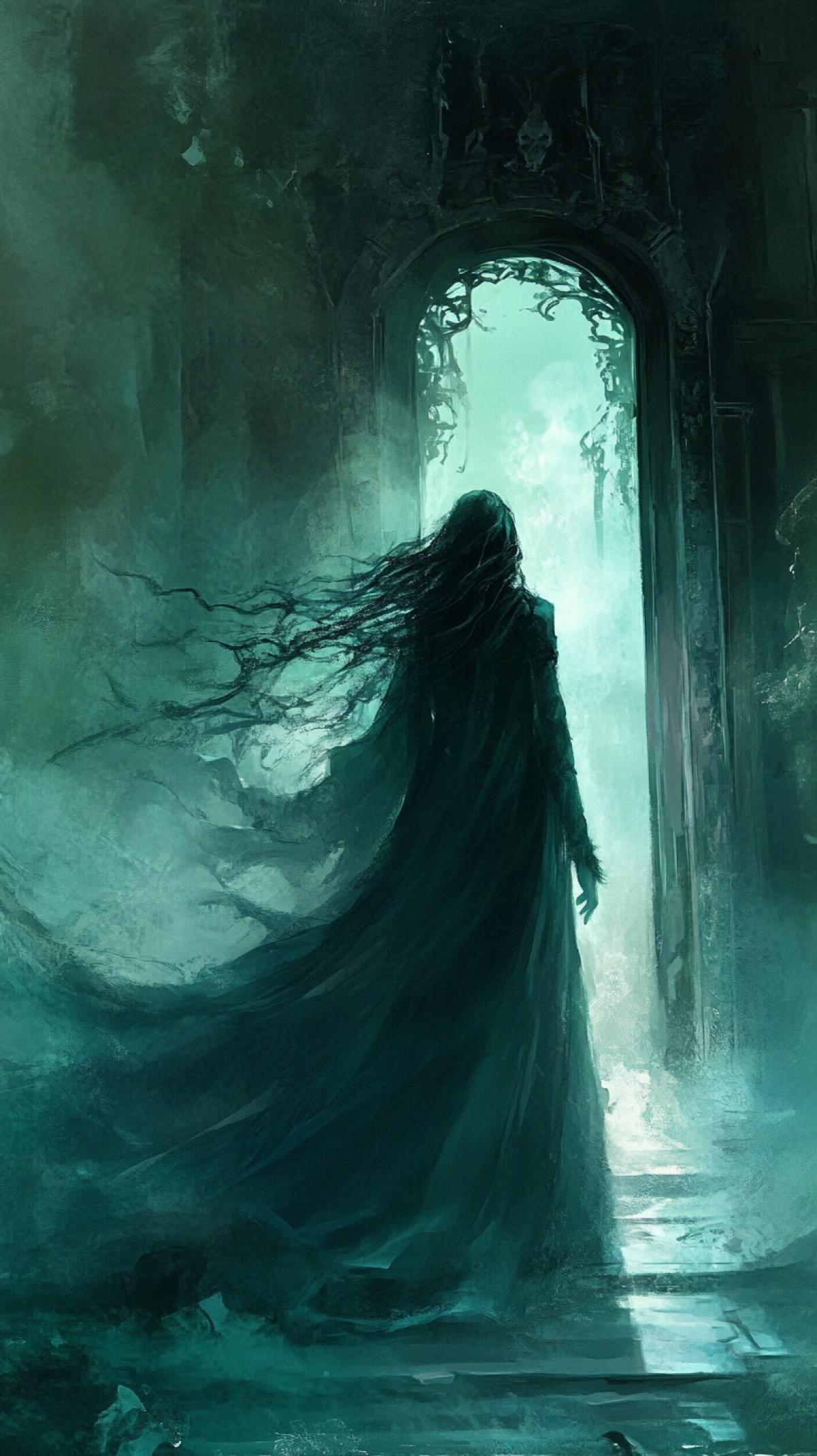 Draw a mysterious character. Your image should transmit the atmosphere of mysticism and uncertainty. I am at home and behind me is a secret, mysticism