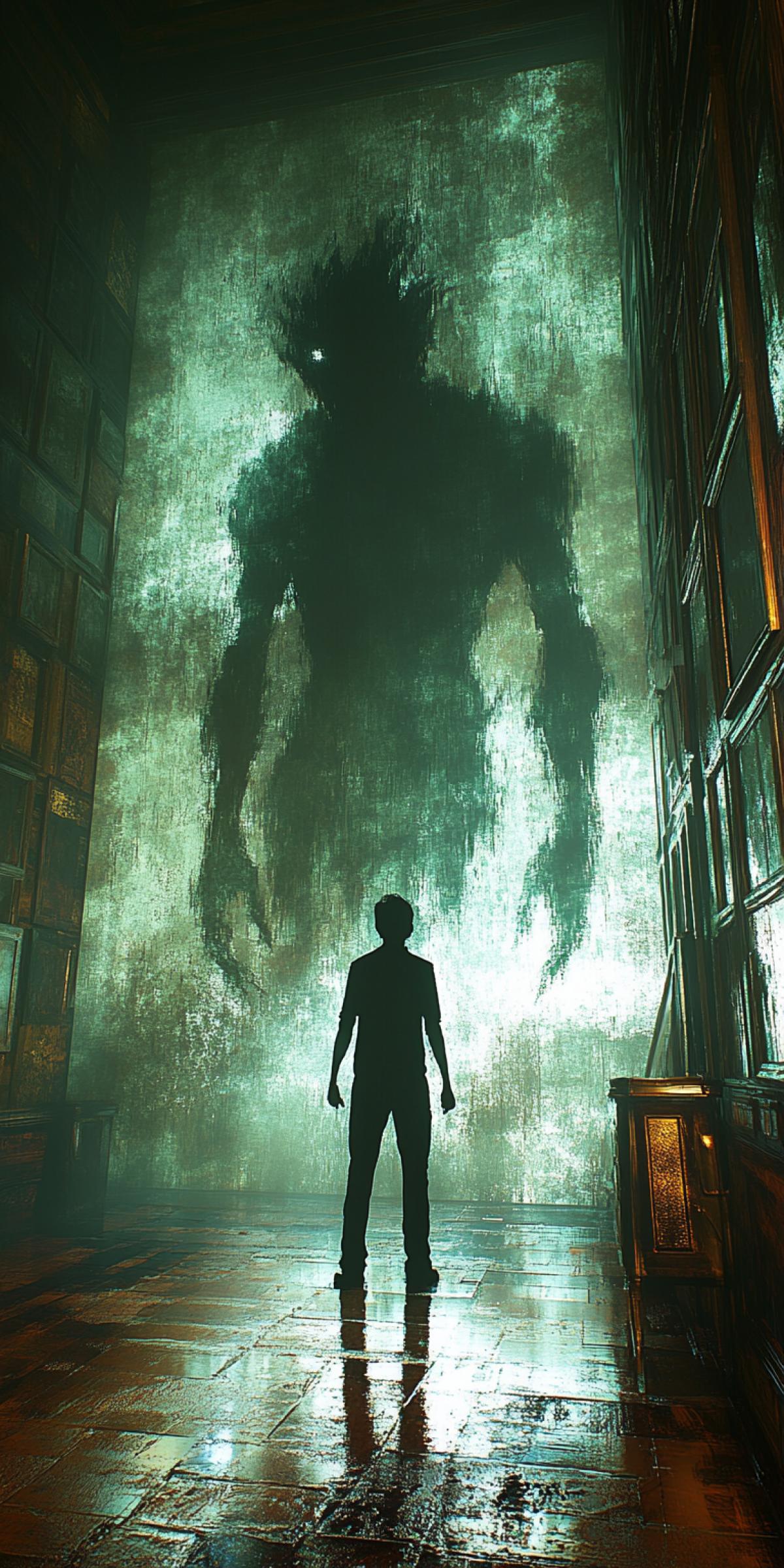 An ordinary person stands in darkness against the background of mirrors in which the dark silhouette of the monster is reflected