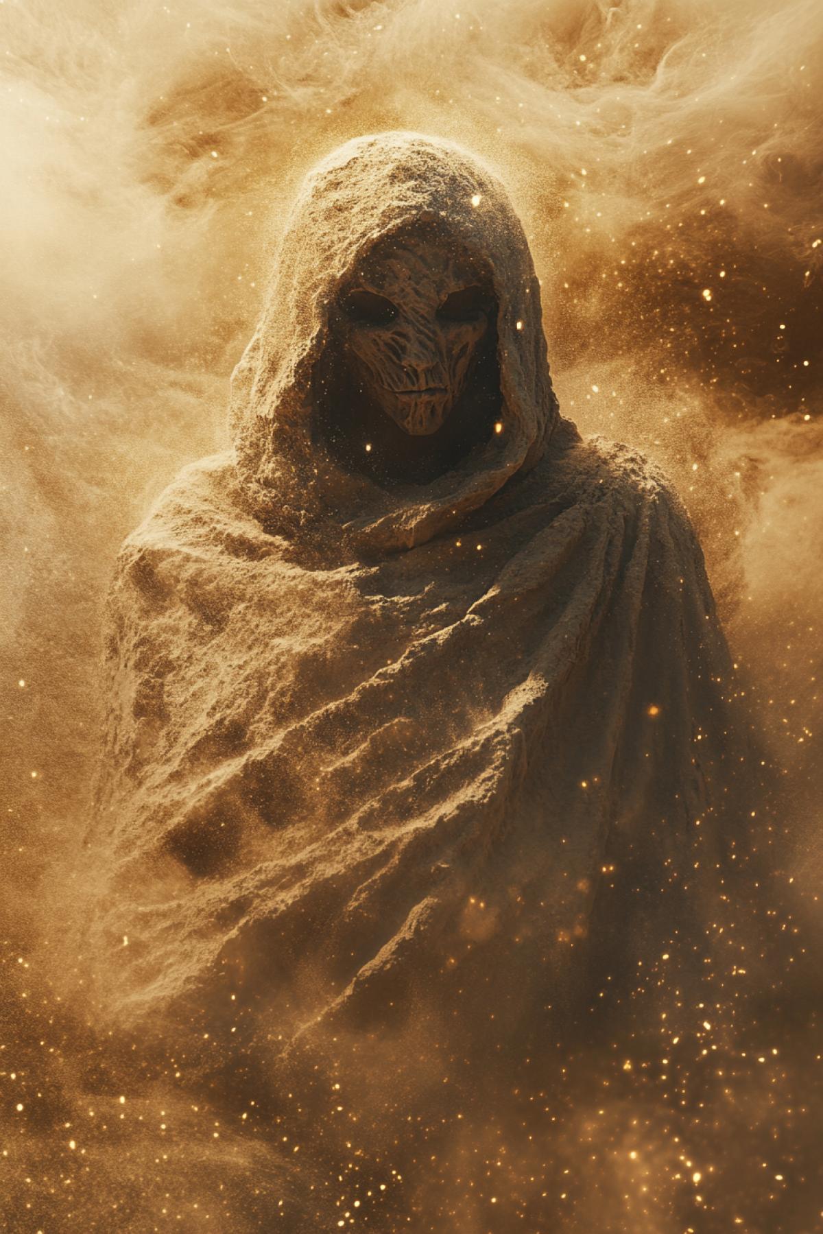 A mysterious humanoid figure made entirely of shifting sand, grains constantly swirling around the , face partially eroded as if by time, dressed in a flowing hooded robe that blends with a desert storm, golden light filtering through dust, surreal and majestic presence