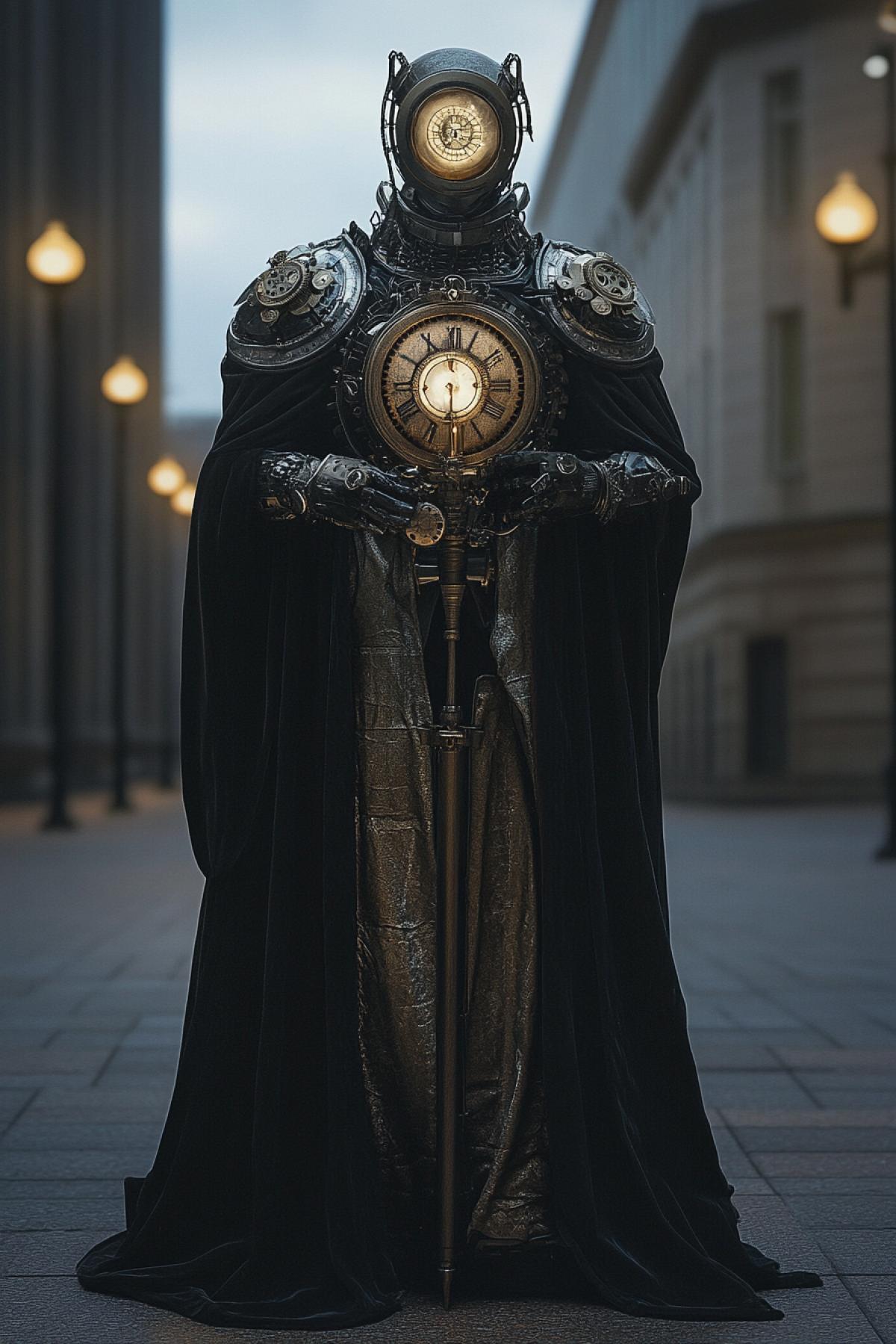 A tall, faceless figure wearing an antique clockwork armor, gears and watch faces embedded into the detailed, long velvet coat trailing behind, holding a glowing hourglass instead of a weapon, standing alone in a twilight city square, mood of silence and hidden power