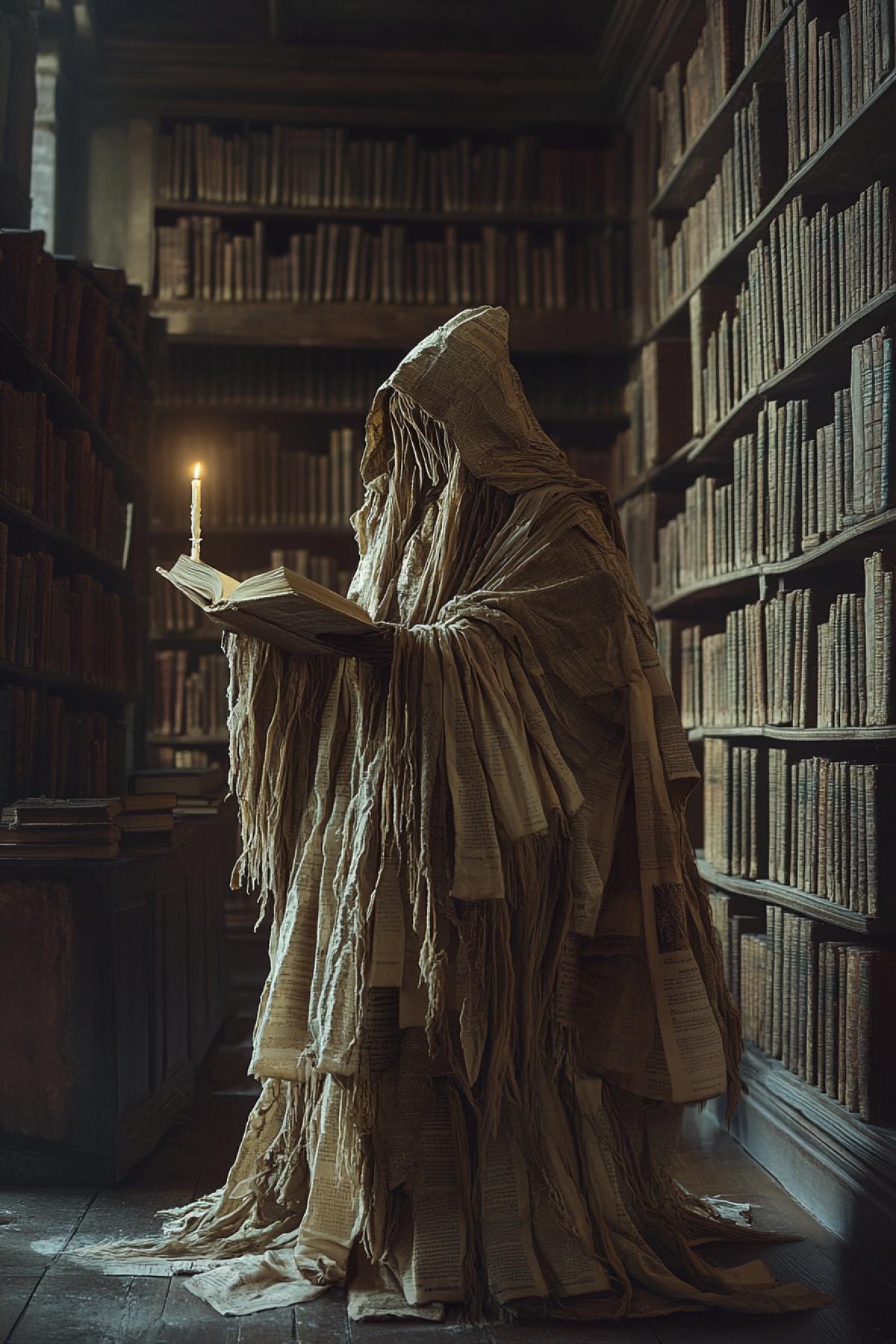 A mysterious figure inside an infinite ancient library, face always hidden behind a shifting mask of pages, wearing robes made from book bindings and ink stains, floating slightly above the ground, holding a candle that burns without flame, aura of forgotten knowledge