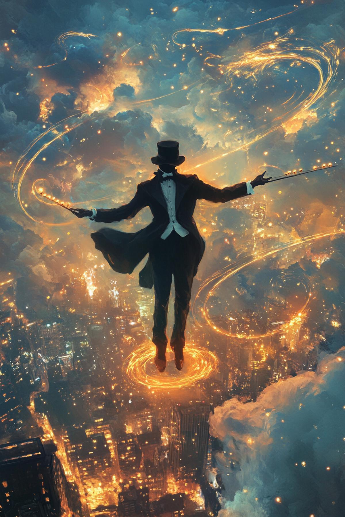 A shadowy conductor with no face, wearing an old-fashioned tuxedo, standing on a floating platform above a sleeping city, ordetailedrating glowing threads of light in the sky like music, dramatic clouds and energy swirling around, elegance and mysticism combined