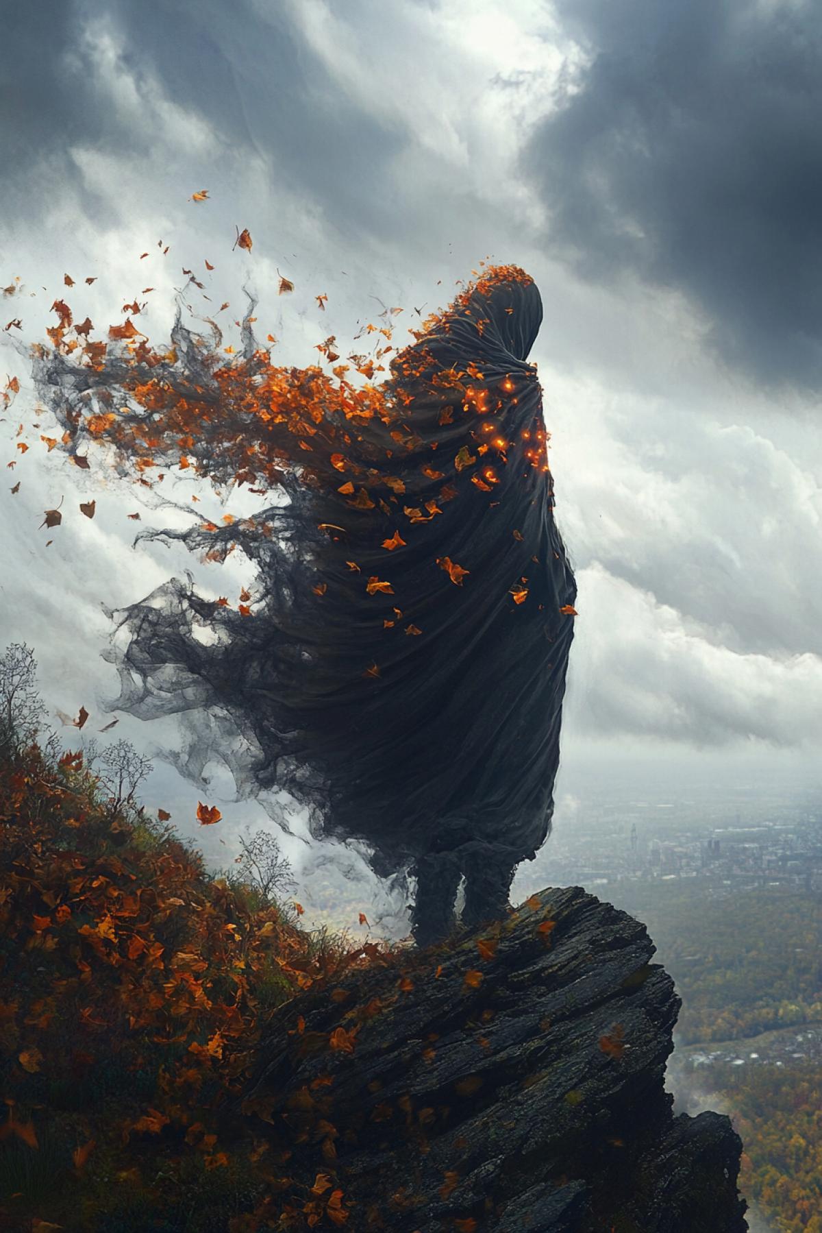 A figure formed entirely of swirling autumn leaves and wind, no defined only the illusion of one, cloak made of stormclouds, voice visualized as glowing runes in the air, standing on a cliff edge with a vast sky behind, both ethereal and powerful