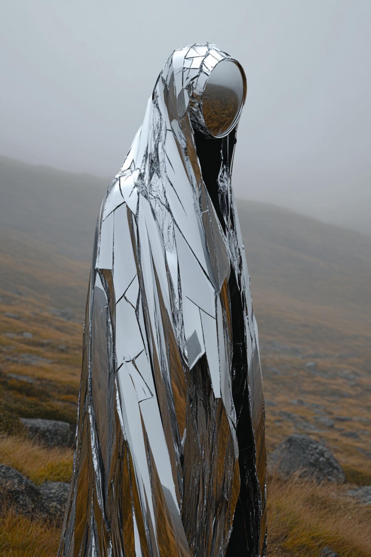 A tall figure wrapped in flowing silver robes made of shattered mirror fragments, reflecting the surrounding world in distorted shards, no visible face only a perfect oval mirror instead of a head, standing in a misty mountain pass at dawn, unsettling and divine