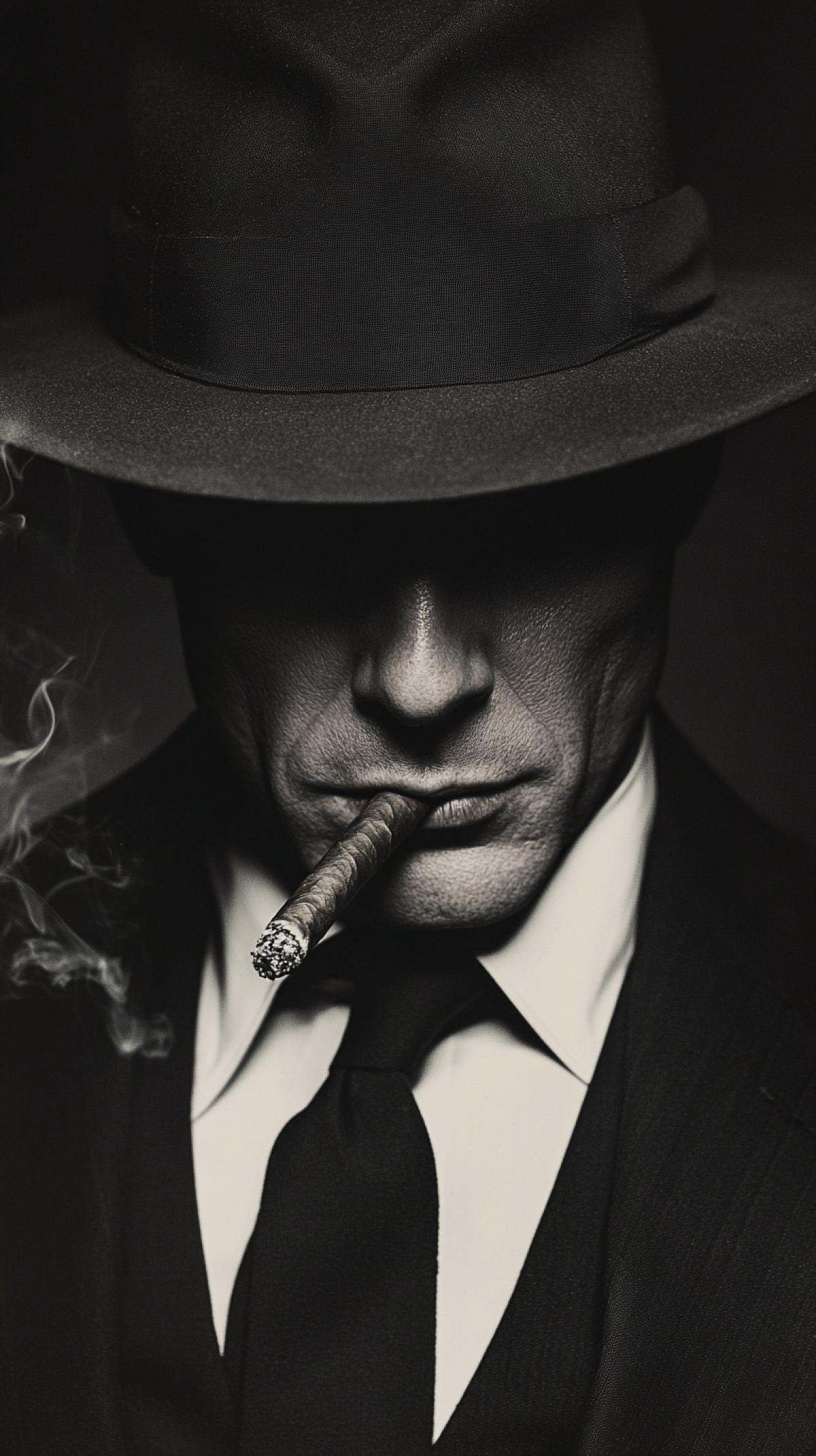 A handsome man in a suit and hat smoking a cigar, half of his face is hidden under a hat, in dark and white photographs in the style of Sebastia Salgado, marked by the awards of the photographer. The mysterious atmosphere