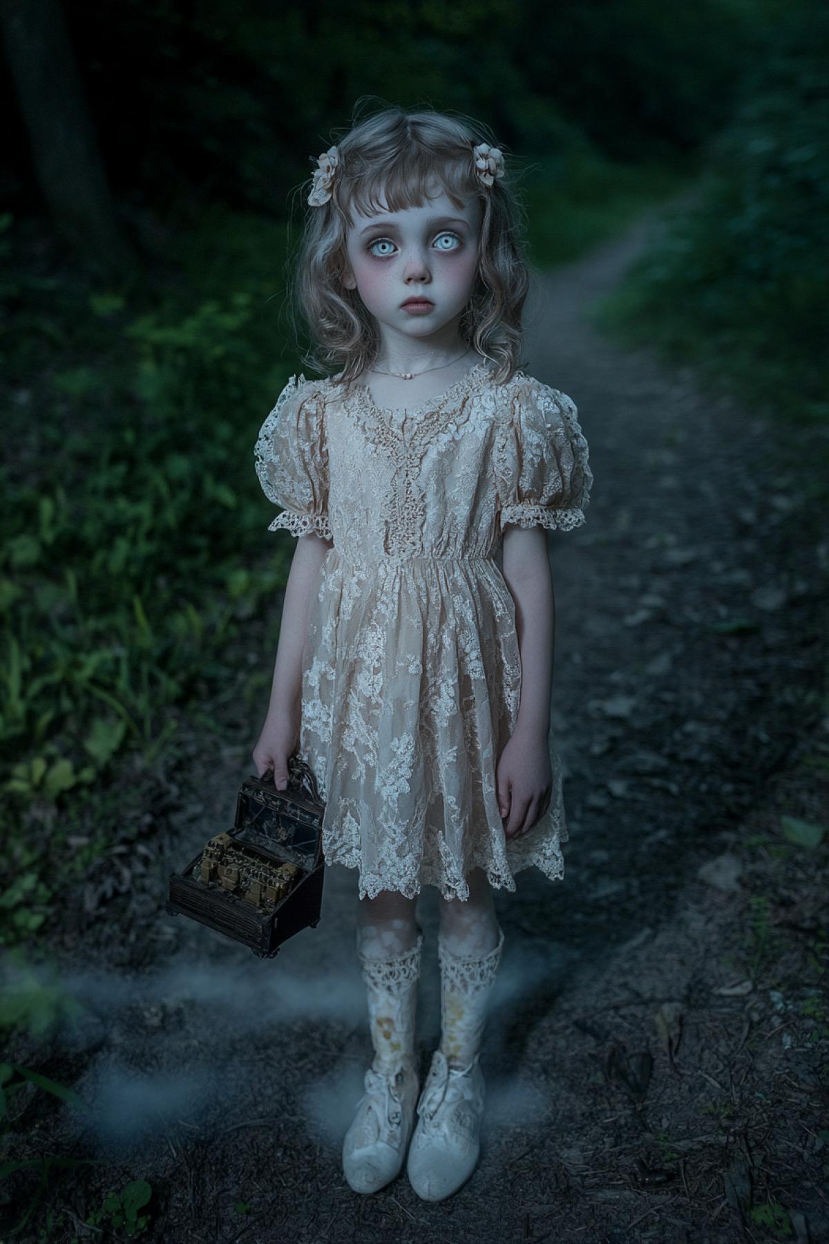 A porcelain-skinned child in a vintage lace dress, standing luxuryfoot on a forest path at twilight, wide unblinking eyes completely white, holding a music box that plays on its own, mist curling around her feet, soft eerie glow, beautiful and chilling at once