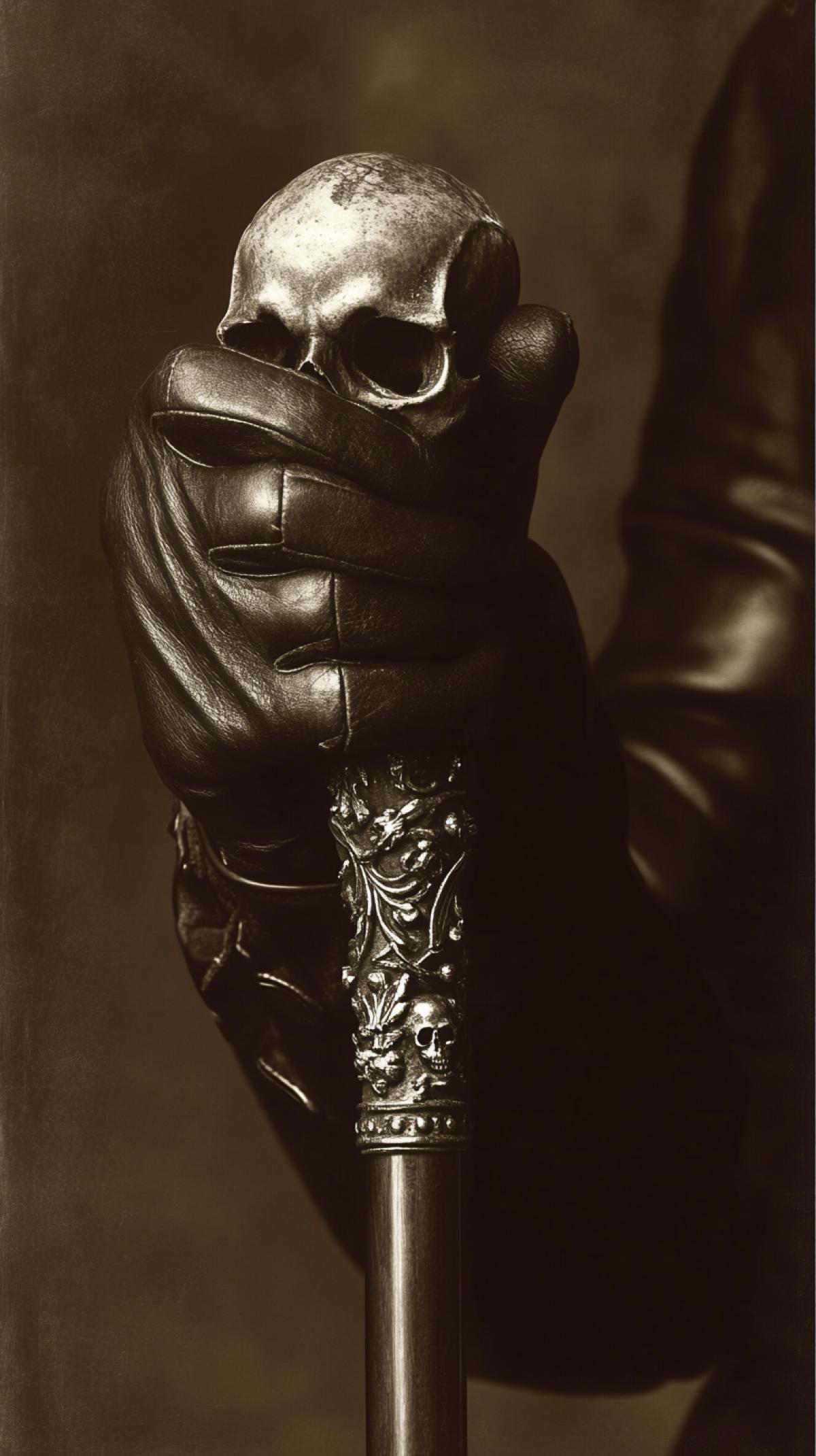 Closeup, a hand in a dark leather glove holding a cane with a silver exquisite metal handle. Rights on the fingers in the shape of a skull. In the style of Robert Mapplotorp, the cover of the Fashion magazine, vintage photography. Sepia