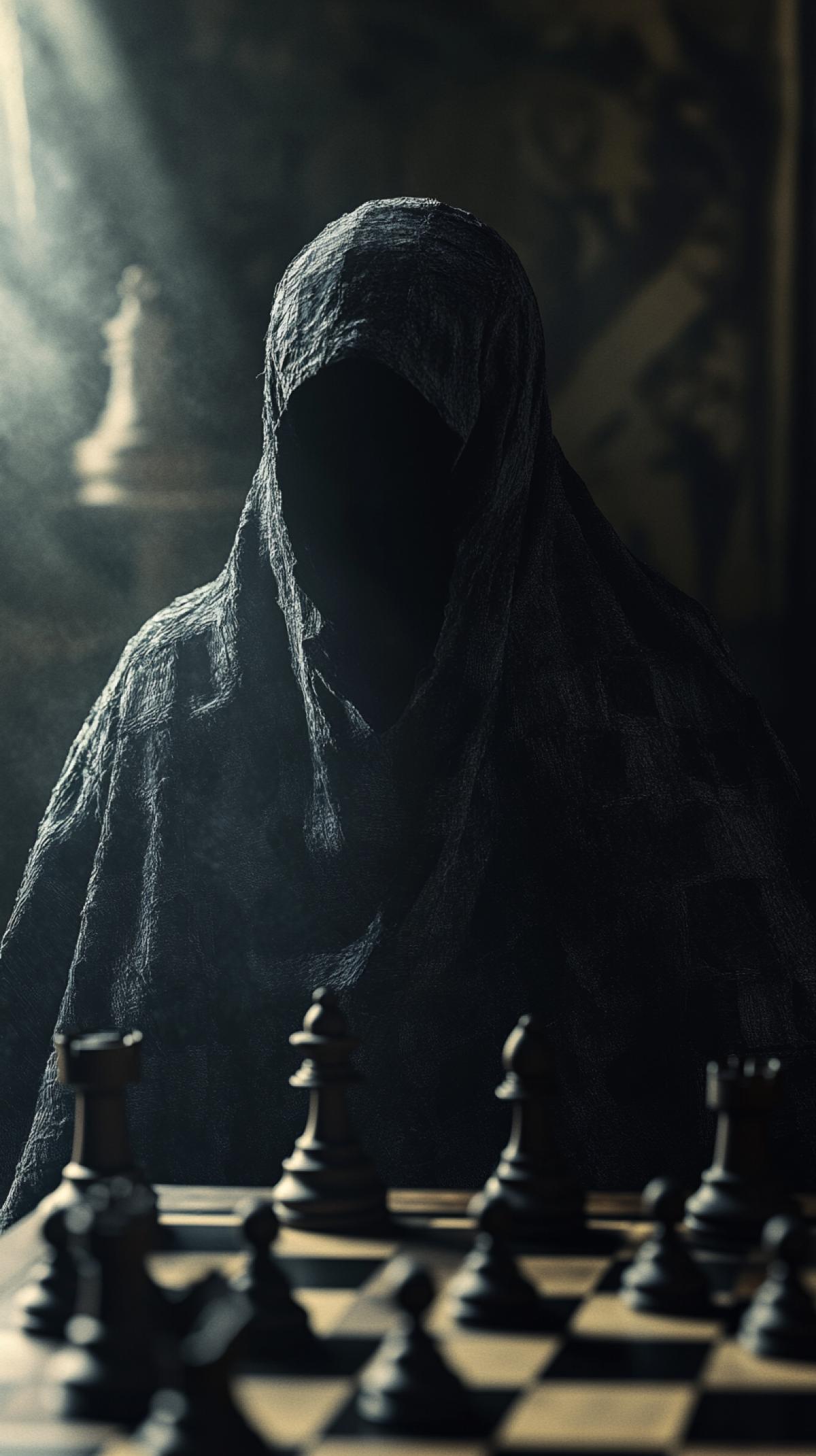 The chessboard with chess in the foreground, and followed by a mysterious figure, completely covered with dark cloth, completely hidden in dark, the face is hidden in the shade. The von is dark to emphasize the mysterious atmosphere of the scene. Intrigue, mystery.