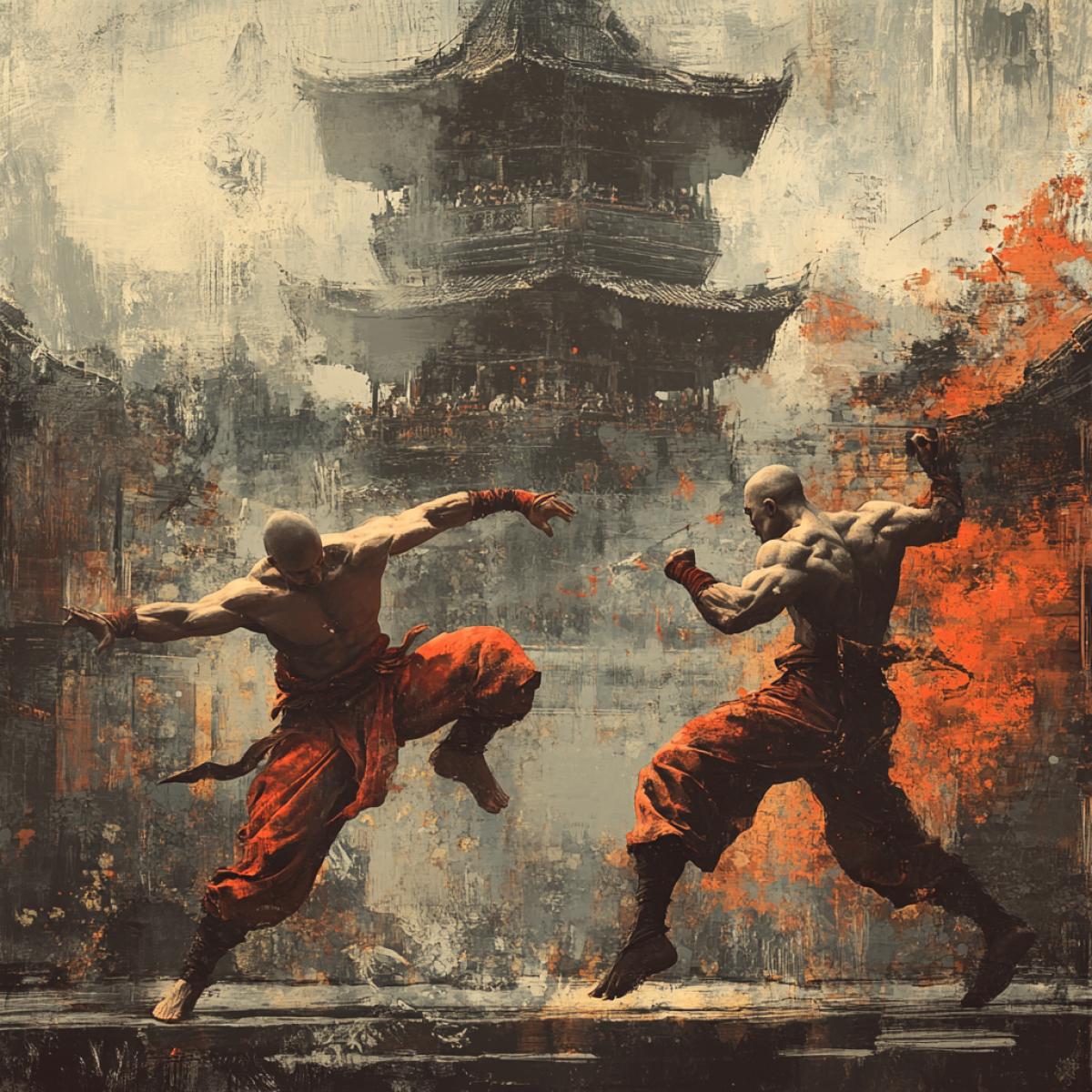 Two ghostly fighters, deadly receptions are fighting, spectators, largescale photos, against the backdrop of Shaolin, tumbles overflowing tones, Dark fantasy, high detail, ultrareal graphics