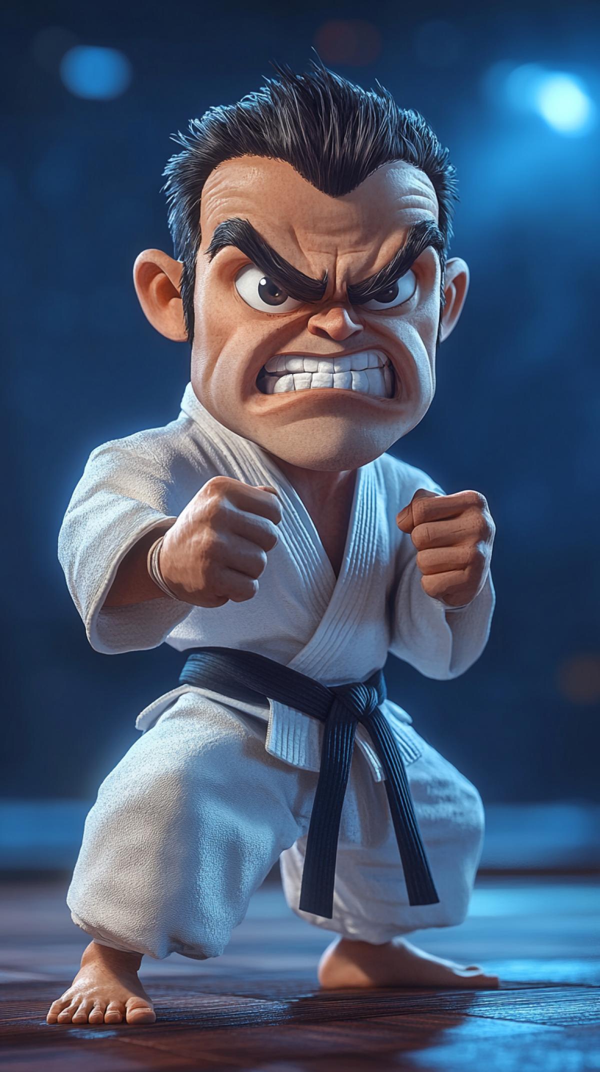 funny caricature, energetic karate player, Japanese man, 25 years old, athletic, dynamic, focused, incredibly tall and lanky, with exaggerated limbs and big hands, elongated build, wide-set eyes, high forehead, determined mouth, tense expression, karate player is dressed in a white keinogi uniform. kainogi with dark belt, striking 4k, tatami with bright lighting and blue background style raw