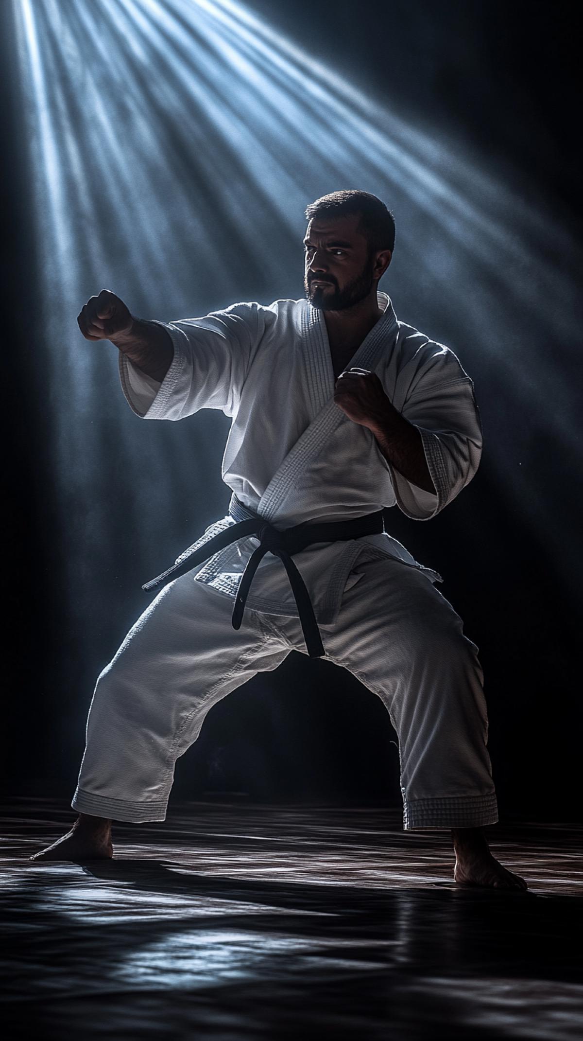 Rafael Mahir oglu Aghayev is the most famous karate player in the world, on tatami, kumite, photo, cinematic lighting, Nikon Z7, ISO 100, long exposure