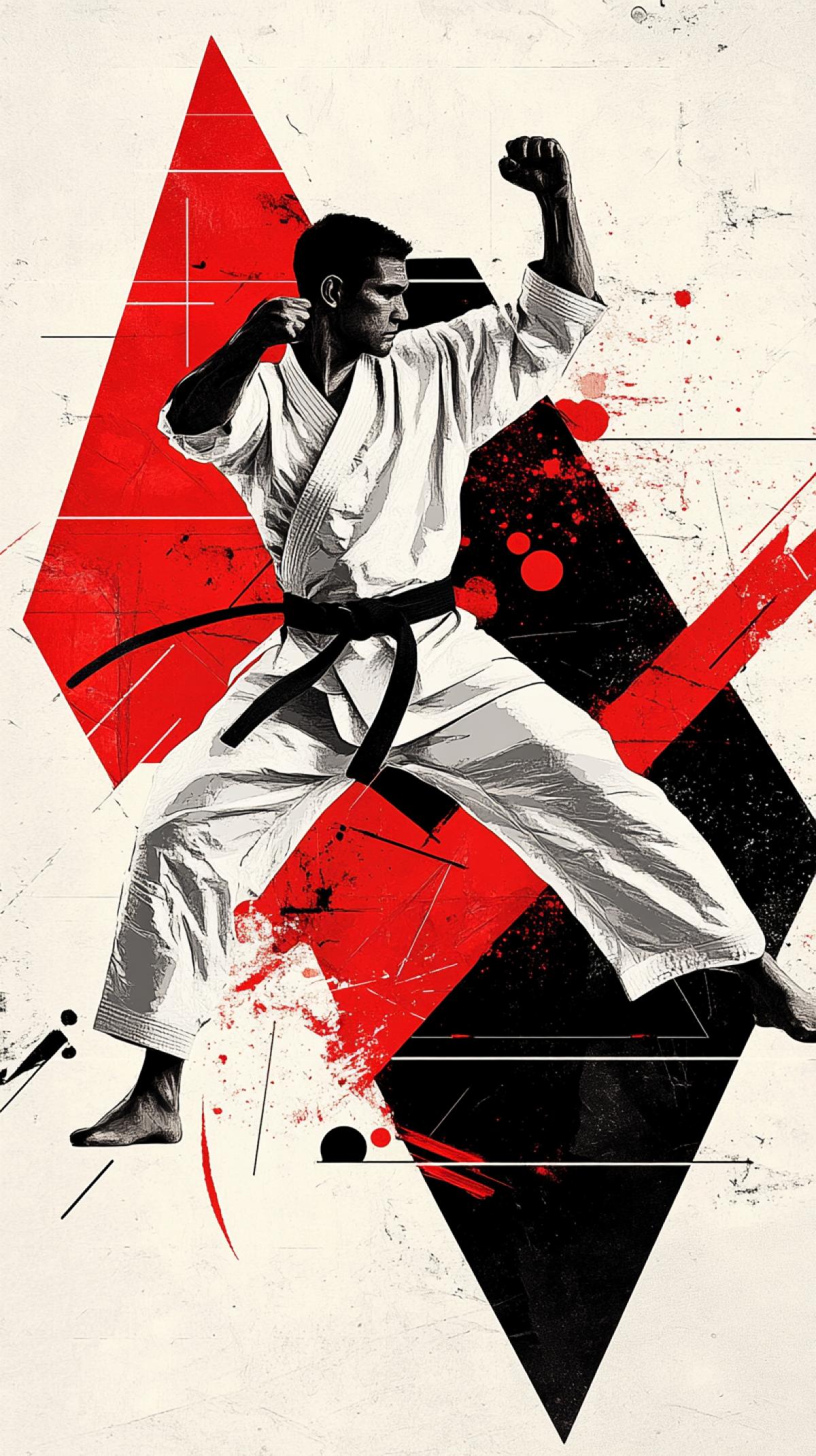 Retro-futuristic graphic design depicting a karate fighter striking, with bright colors and geometric shapes, in the style of digital art inspired by the Bauhaus. The background is a mix of dark and white tones and red accents. A feeling of strength and energy. A combination of modern aesthetics with vintage elements, an effective com4k