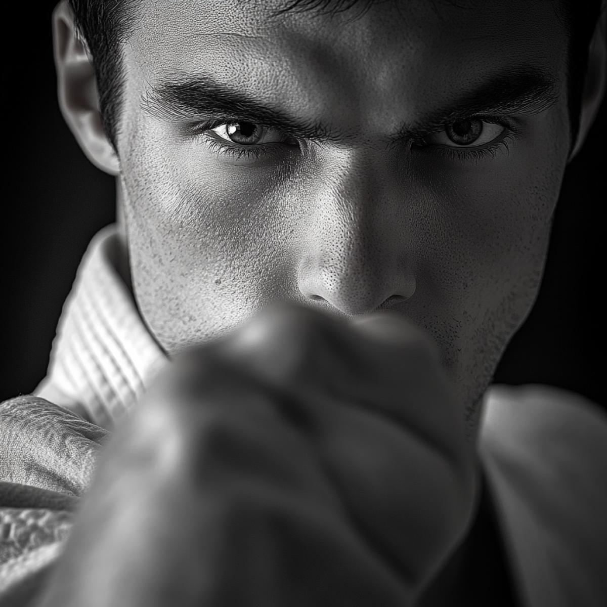 The karate warrior comprehended all the power in his hands and eyes all the power of the world