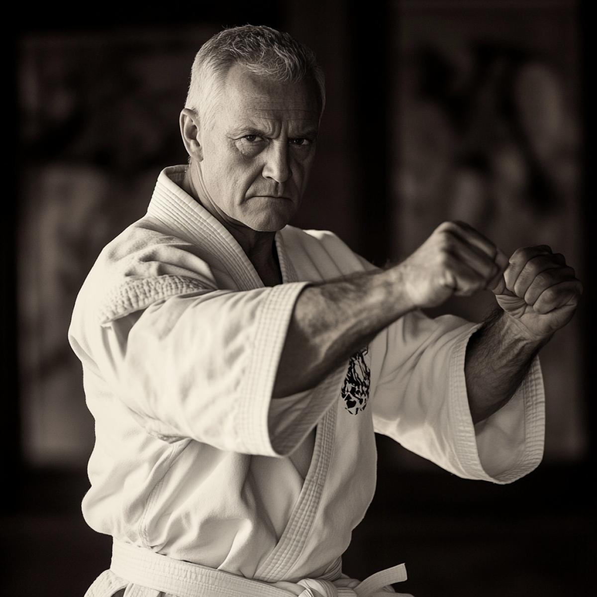 The karate warrior comprehended all the power in his hands and eyes all the power of the world